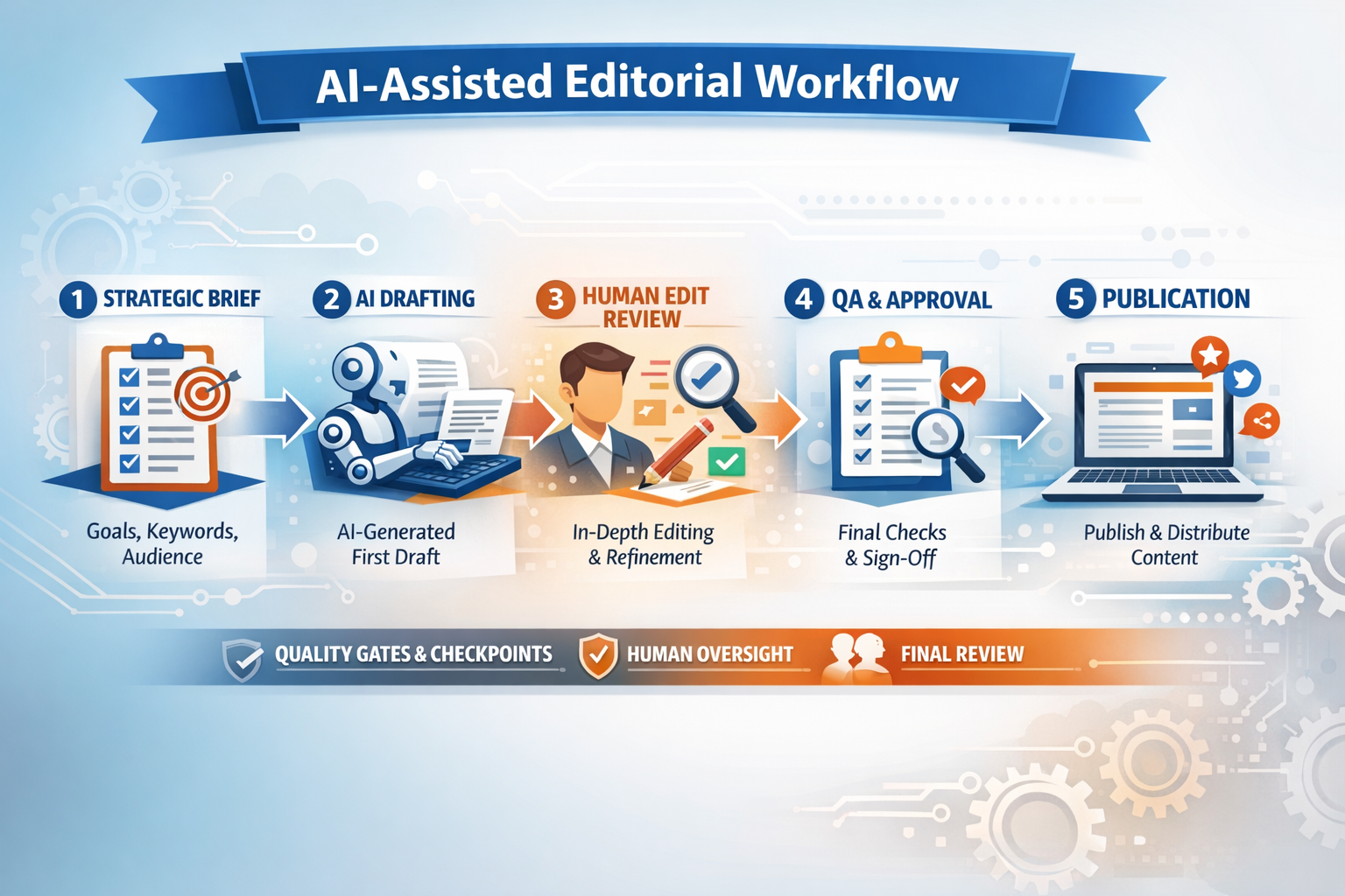 Flowchart showing ai-assisted editorial workflow stages from strategic brief through publication