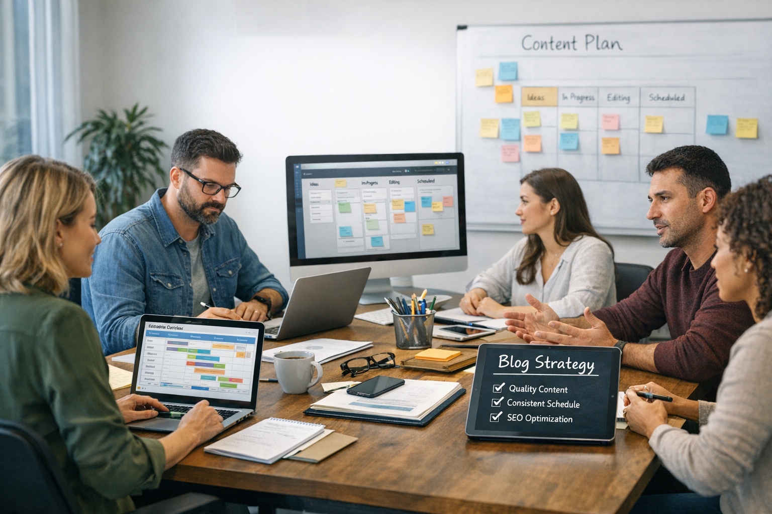 B2B marketing team managing consistent blog publishing with content management tools