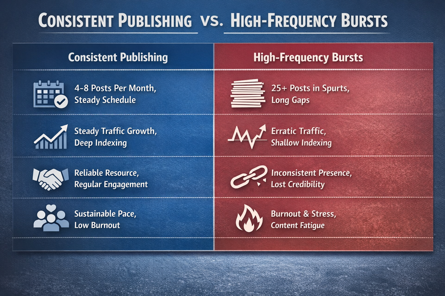 Chart comparing consistent blog publishing results versus high-frequency burst publishing
