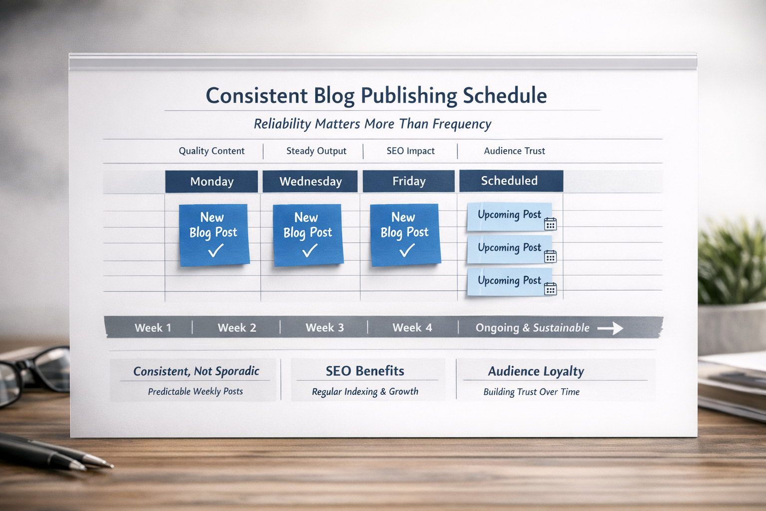 Editorial calendar showing consistent blog publishing schedule with weekly content posts