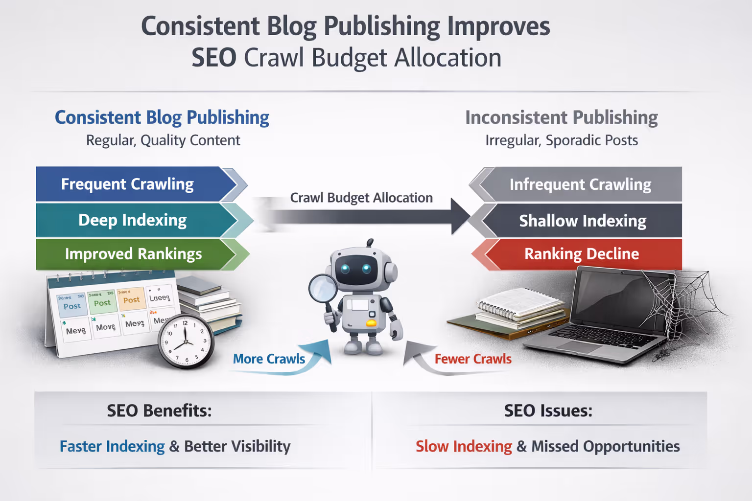 Diagram showing how consistent blog publishing improves SEO crawl budget allocation