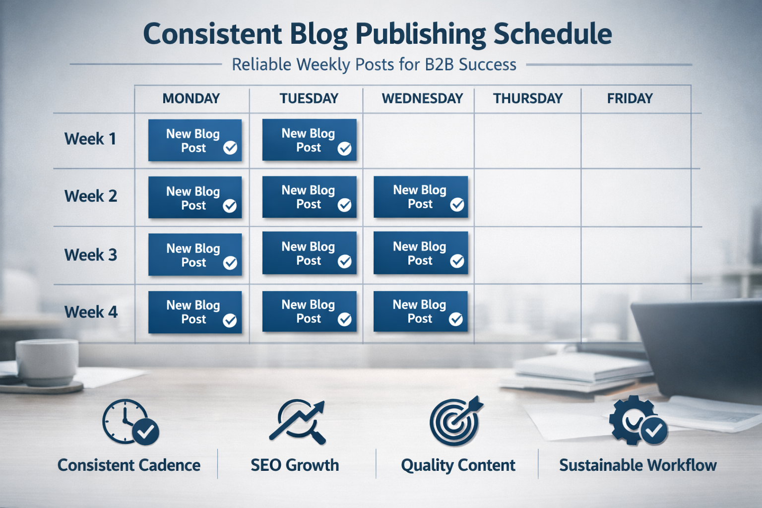 Consistent blog publishing calendar showing regular weekly posts for B2B content marketing teams