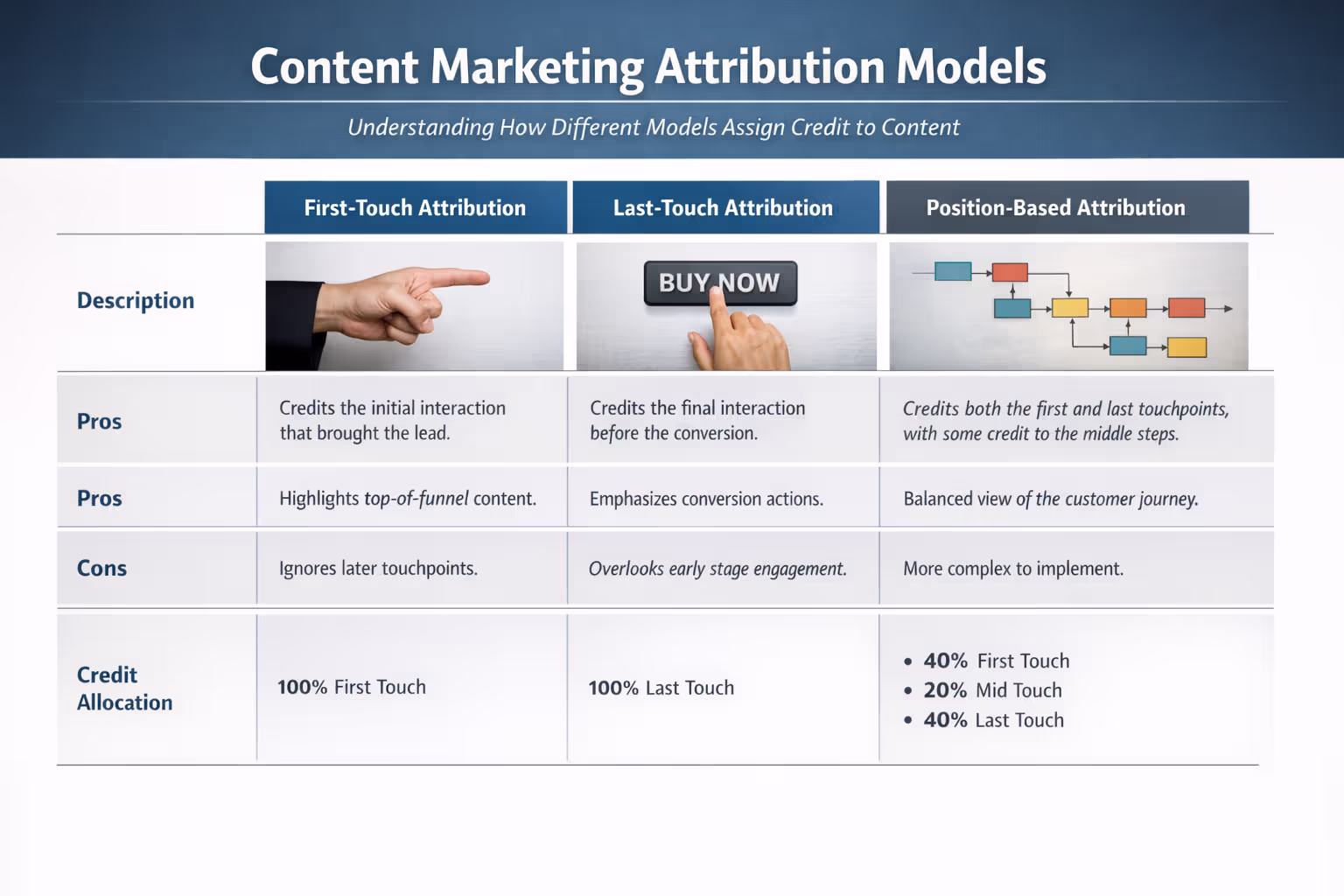 Comparison chart of content marketing attribution models including first-touch, last-touch, and position-based attribution