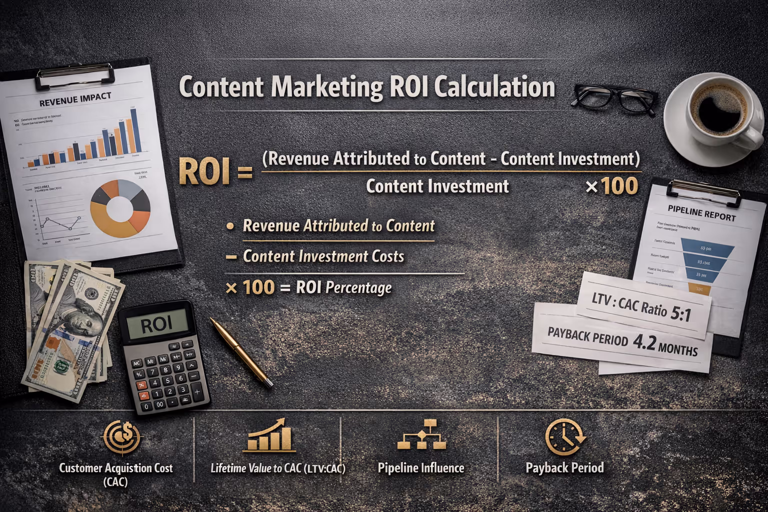 Content marketing ROI formula showing revenue attributed to content minus investment divided by investment