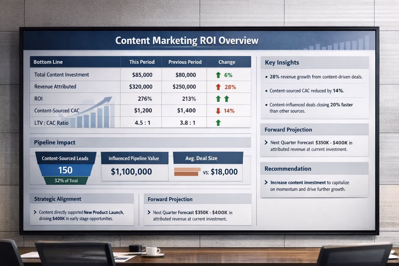 Executive dashboard showing content marketing ROI metrics including pipeline contribution and revenue impact