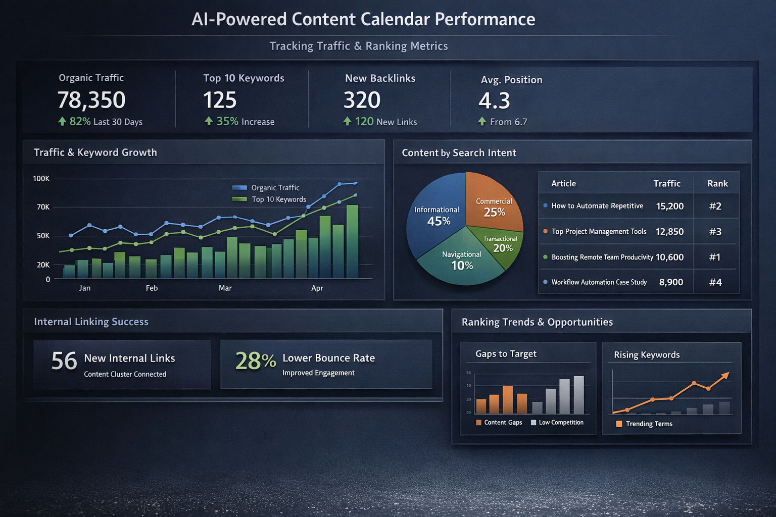 Analytics dashboard tracking AI-powered content calendar performance with traffic and ranking metrics