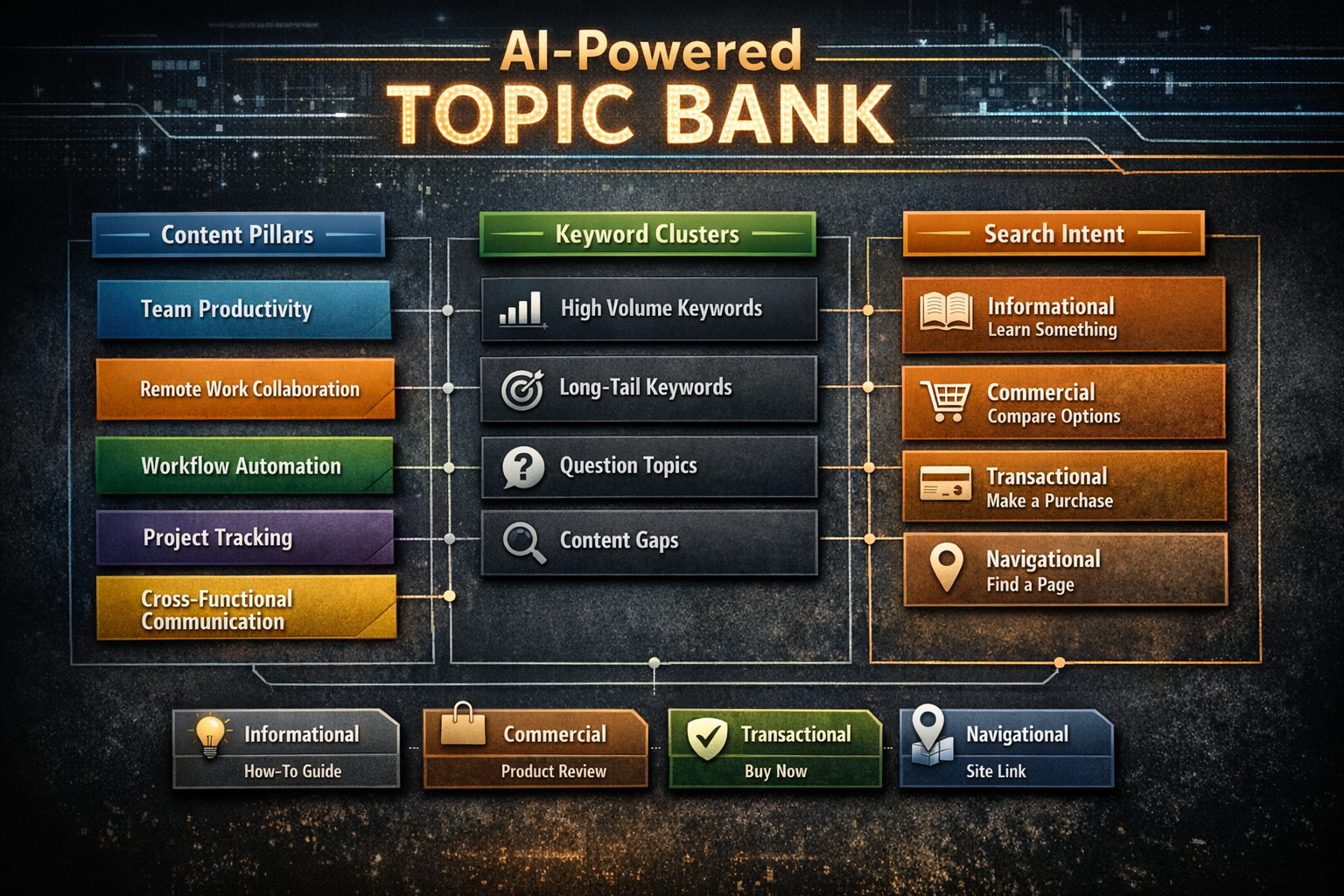 Structured topic bank showing content pillars, keyword clusters, and search intent tags for AI-powered content calendar