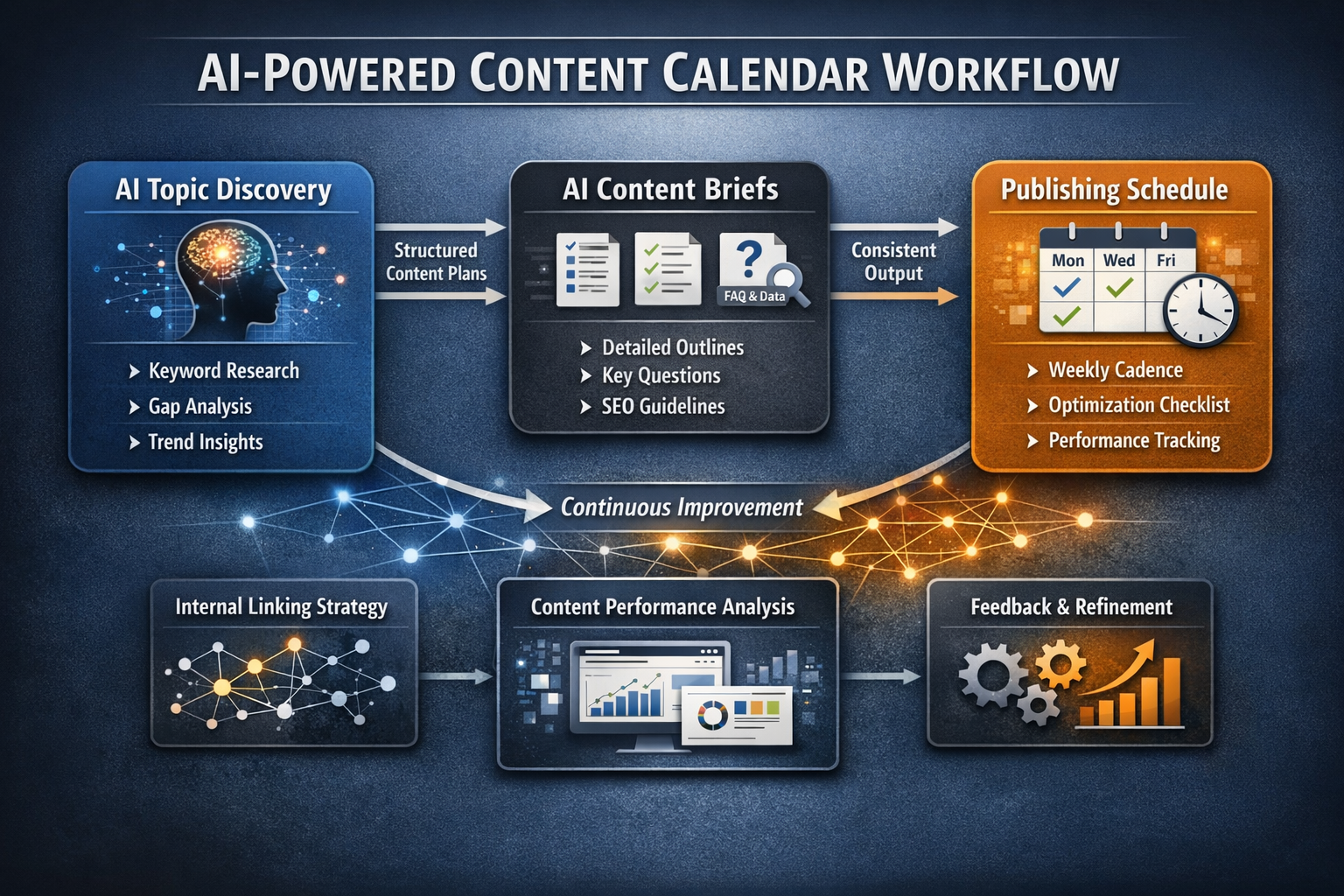 Content calendar workflow diagram showing AI-powered topic discovery, brief generation, and publishing schedule