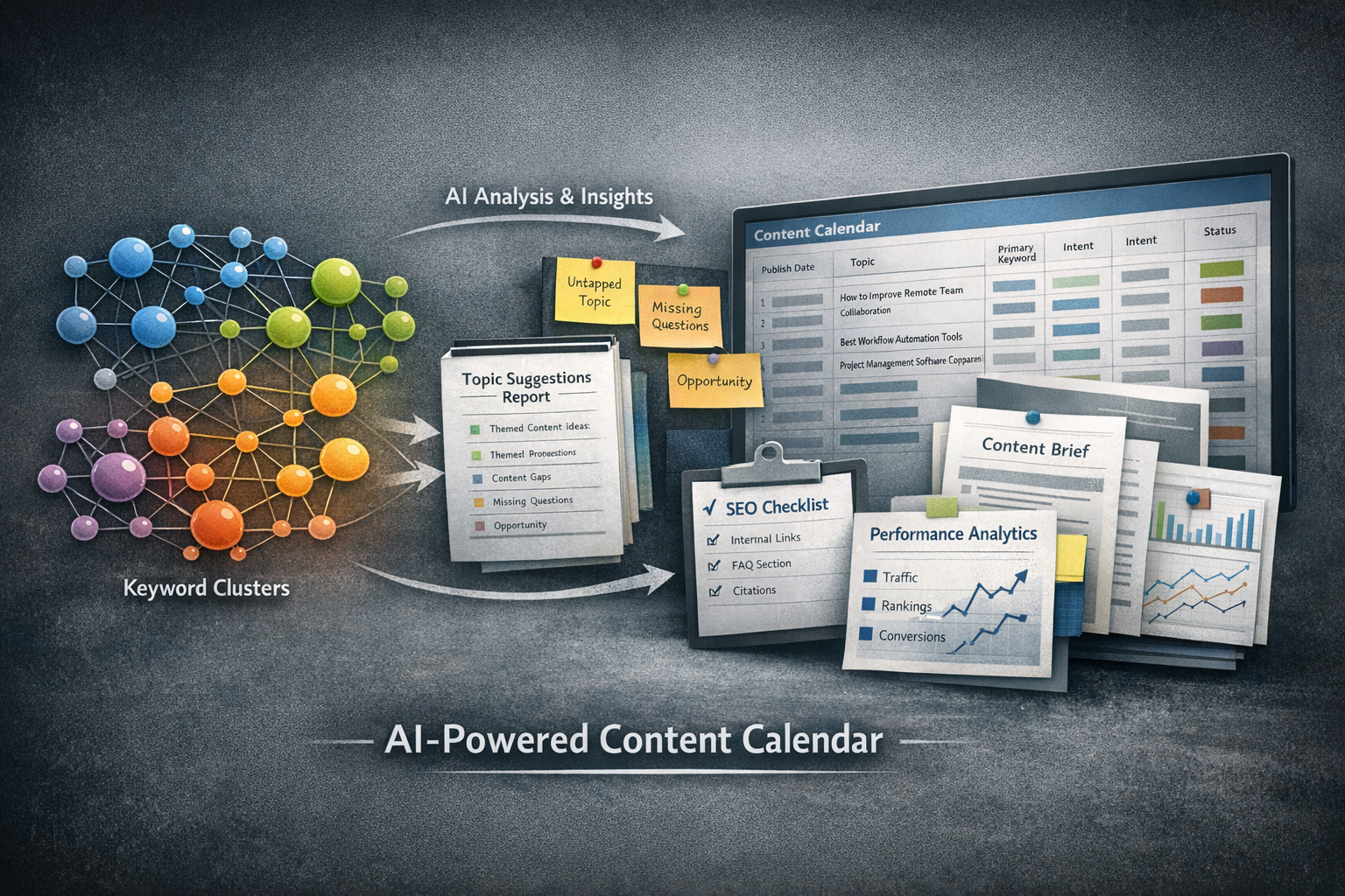 Visual representation of keyword clustering and content theme organization in AI-powered content calendar