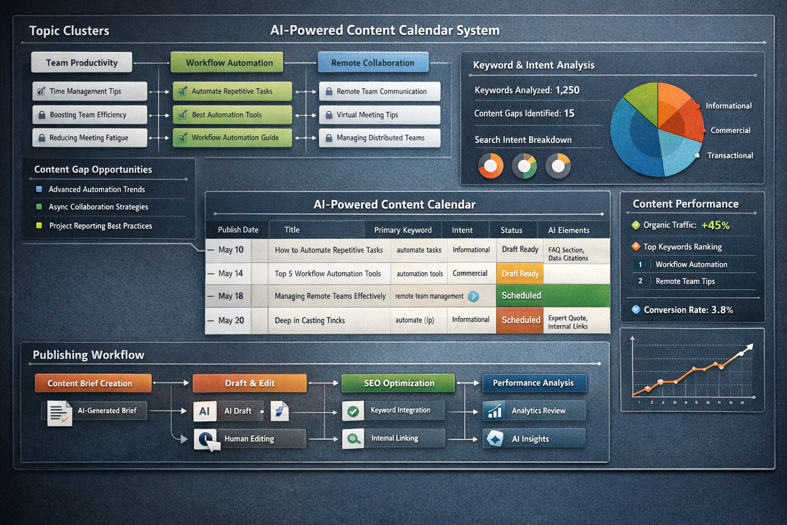 AI-powered content calendar system showing topic clusters and publishing workflow for SaaS content strategy