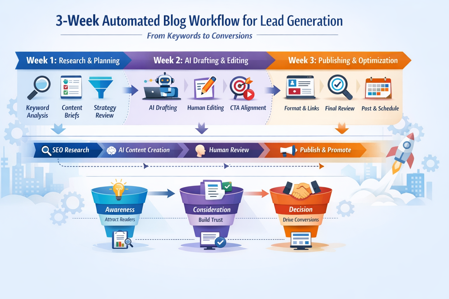 Timeline chart displaying three-week automated blog post workflow from keyword research through AI drafting to publishing for lead generation