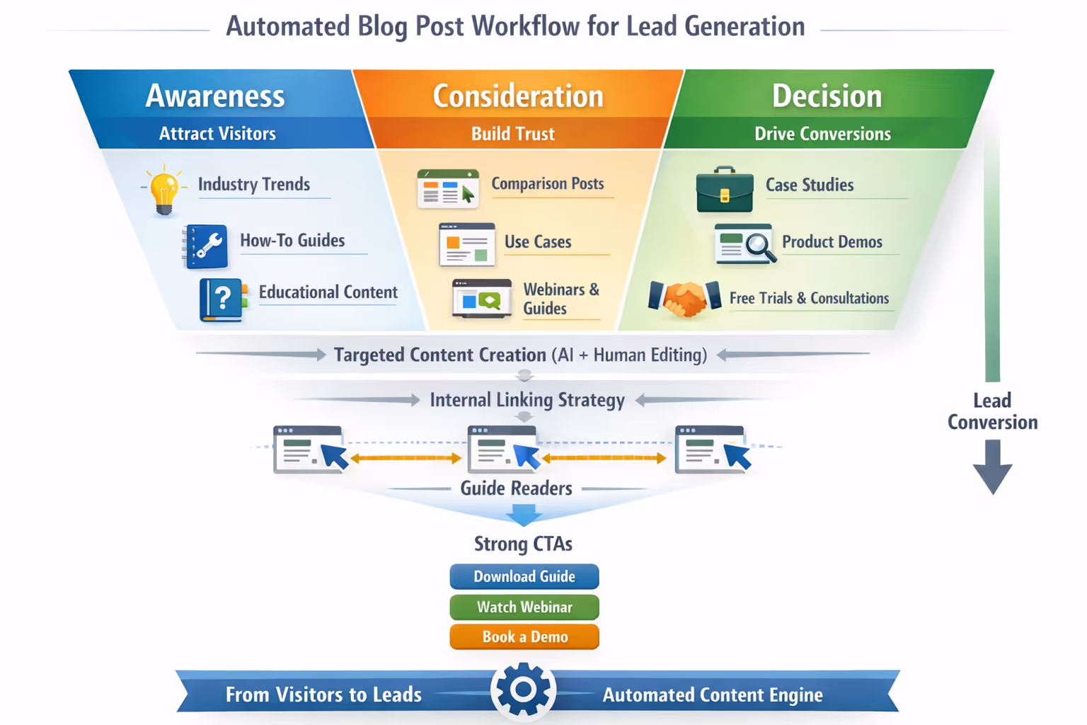 Visual diagram showing automated blog post workflow mapping content types to awareness, consideration, and decision funnel stages for lead generation