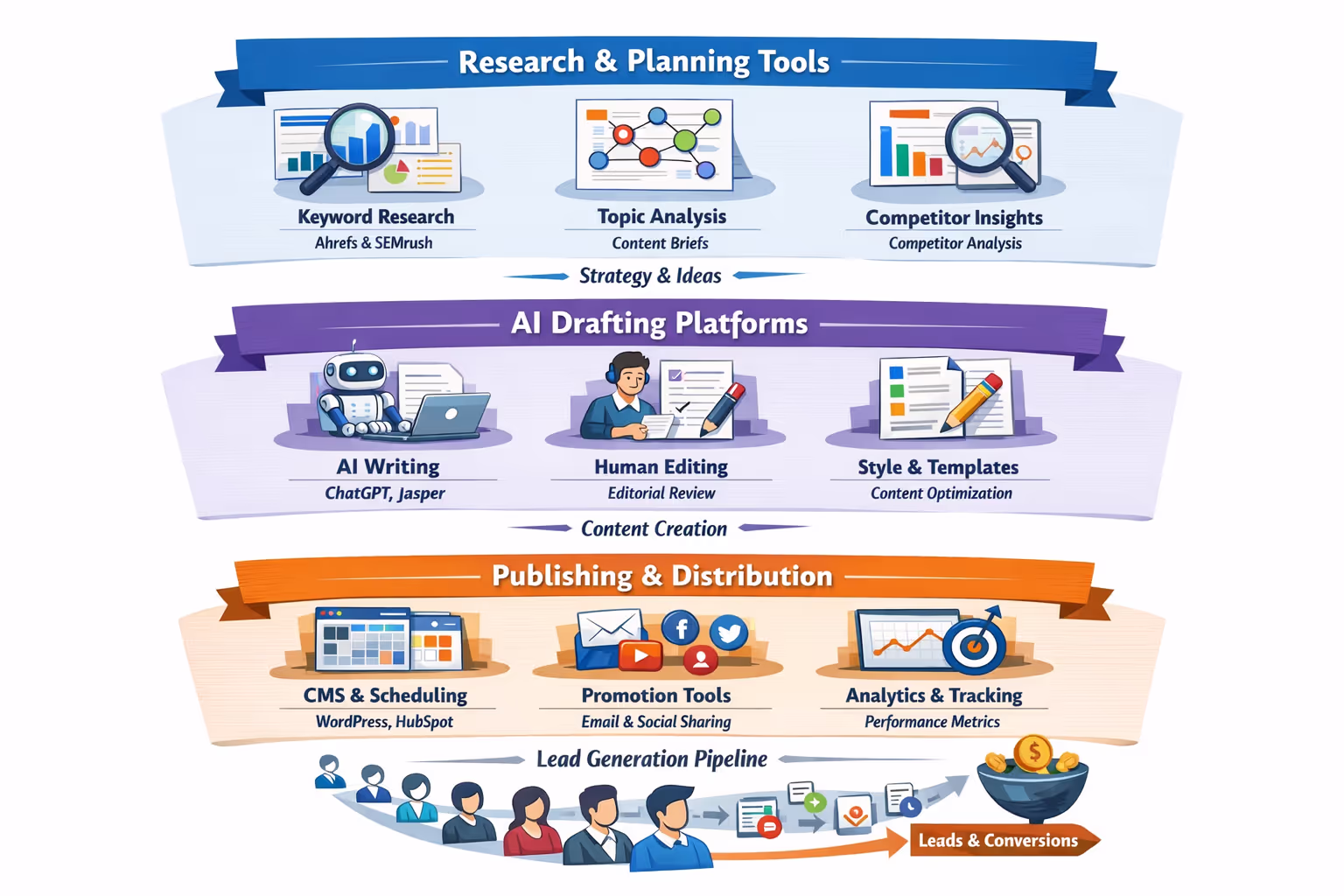 Illustration of three-layer content automation tech stack showing research tools, AI drafting platforms, and publishing systems for SaaS lead generation