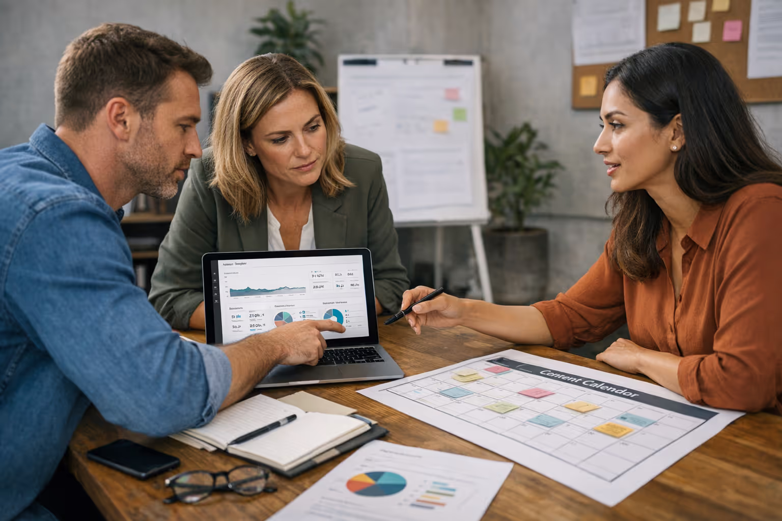 Marketing Team Collaborating on Outsourced Blog Content Strategy Marketing professionals reviewing outsourcing blog content performance metrics and content calendar together