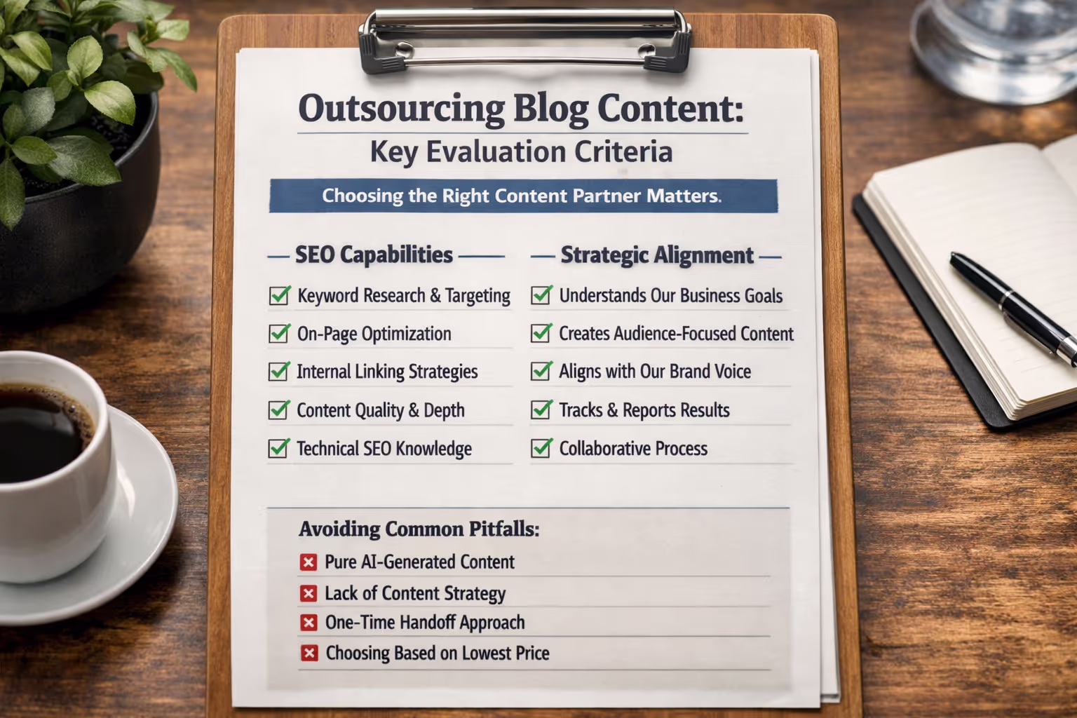 Practical Framework for Evaluating Blog Content Outsourcing Partners Checklist showing evaluation criteria for outsourcing blog content including SEO capabilities and strategic alignment