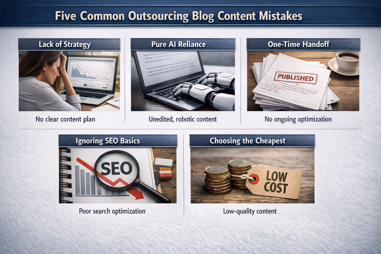 Five Critical Mistakes Marketing Teams Make When Outsourcing Blog Content Visual diagram showing five common outsourcing blog content mistakes including lack of strategy and pure AI reliance