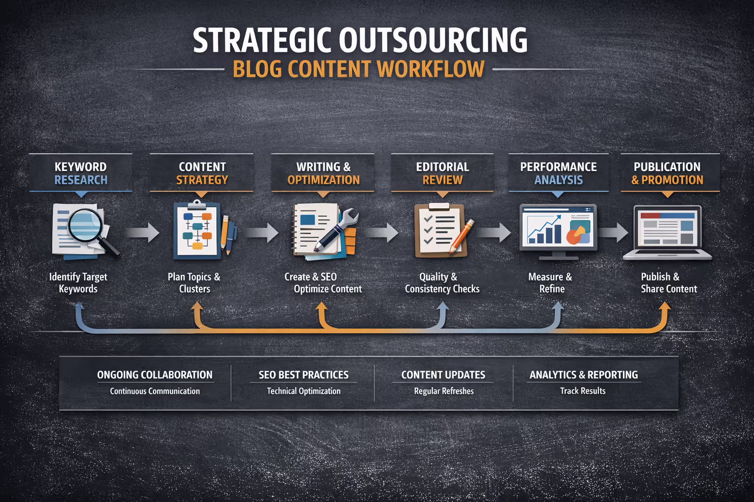 SEO-Optimized Blog Content Production Process for Outsourced Teams Workflow diagram showing strategic outsourcing blog content process from keyword research to publication