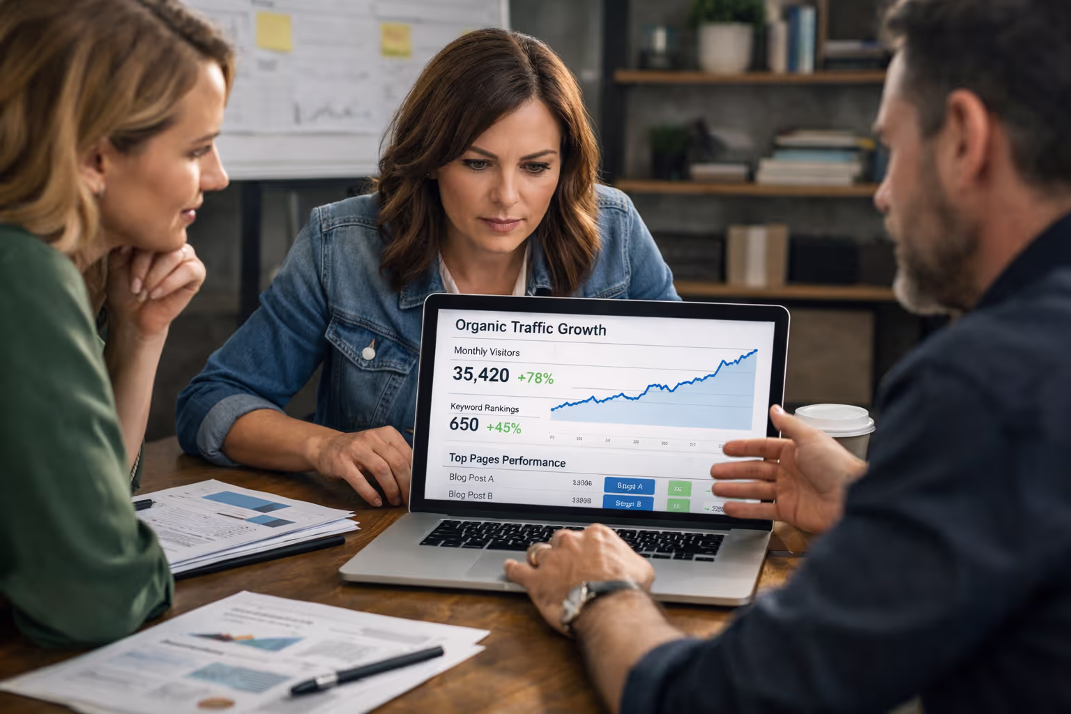 Marketing team reviewing outsourcing blog content strategy on laptop with analytics dashboard showing organic traffic growth