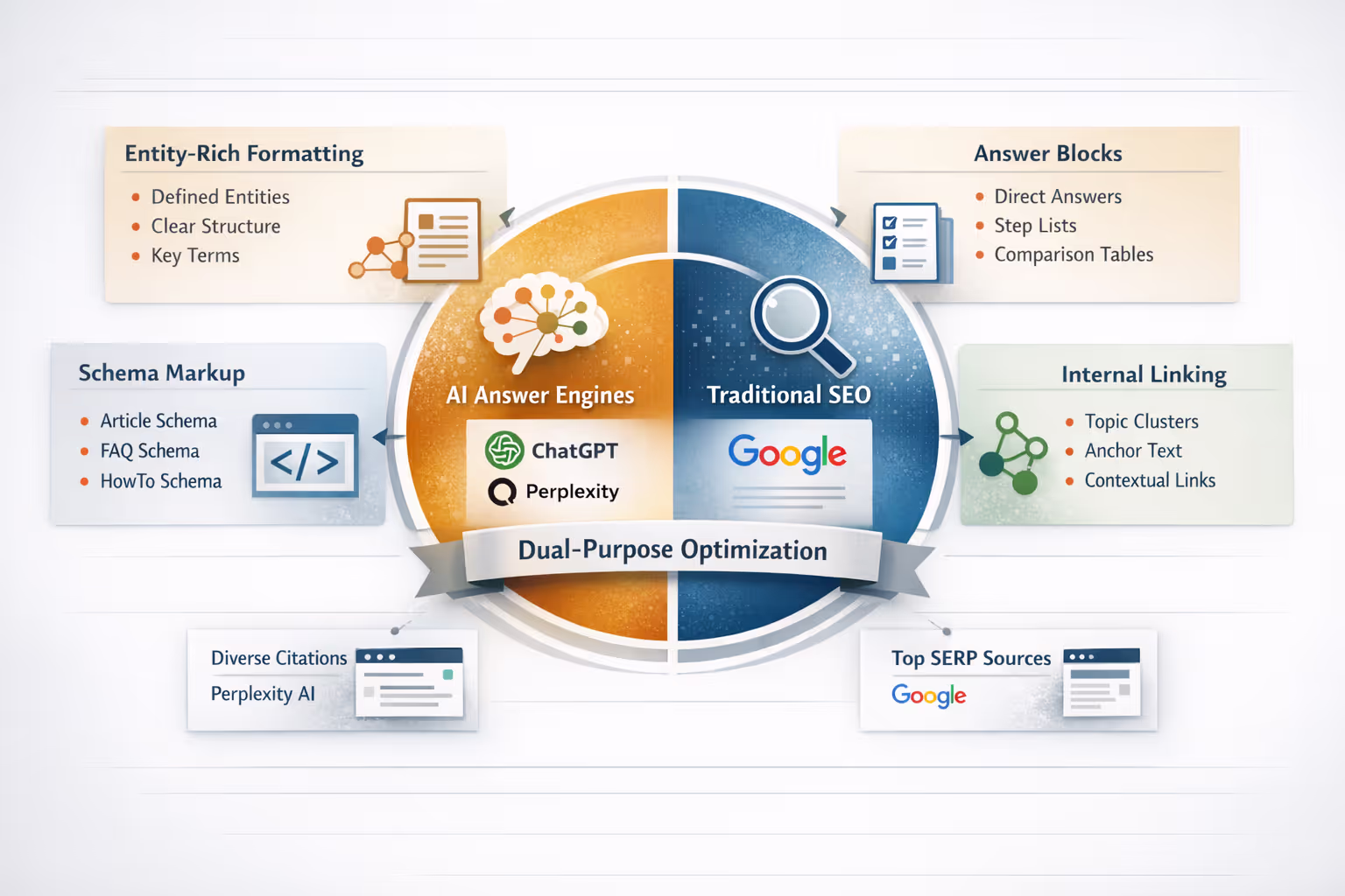 Blog optimization diagram showing how to optimize blog posts for AI answers and traditional search engines simultaneously