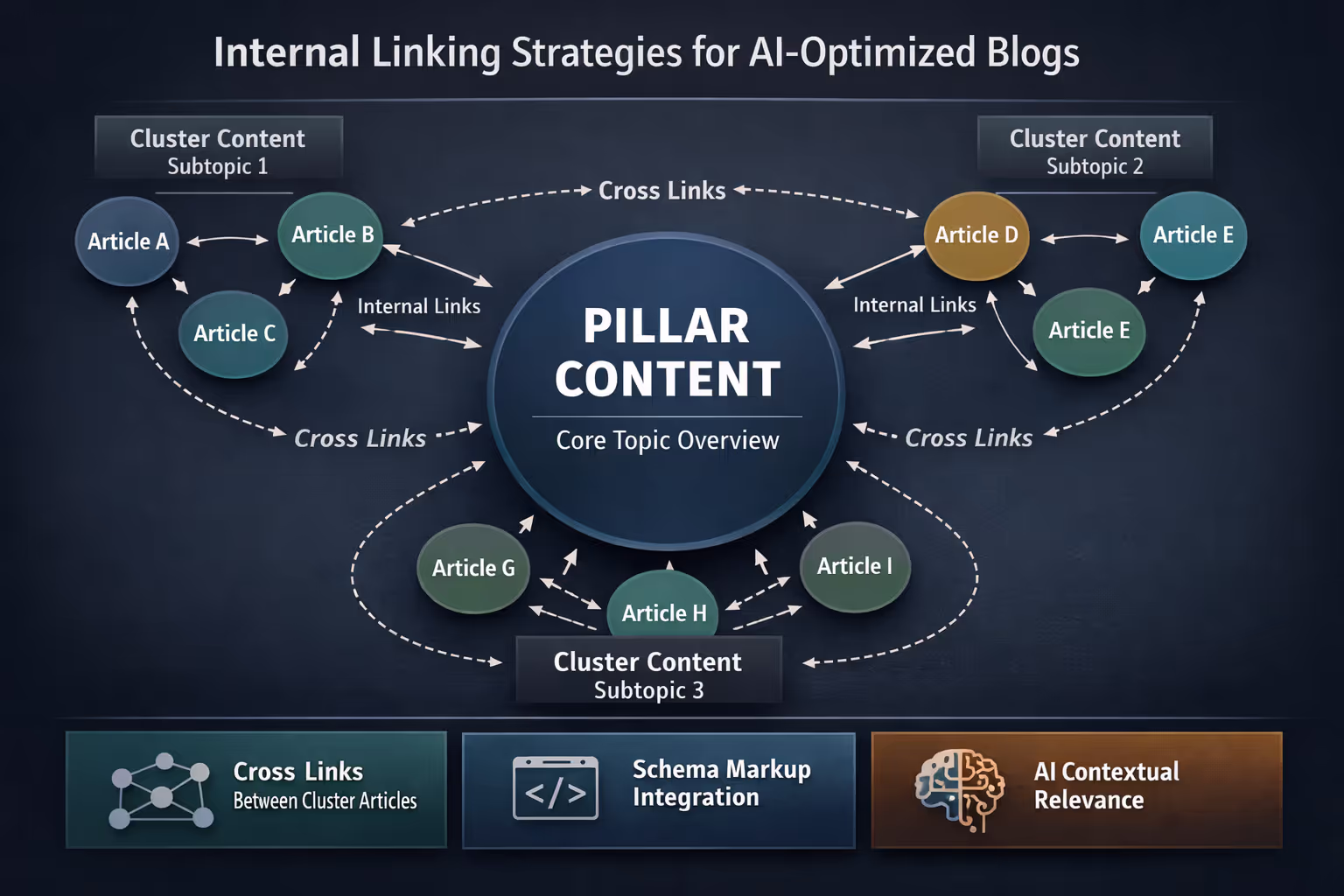 Internal linking strategies diagram showing topic clusters connecting pillar content to supporting articles for AI-optimized blogs