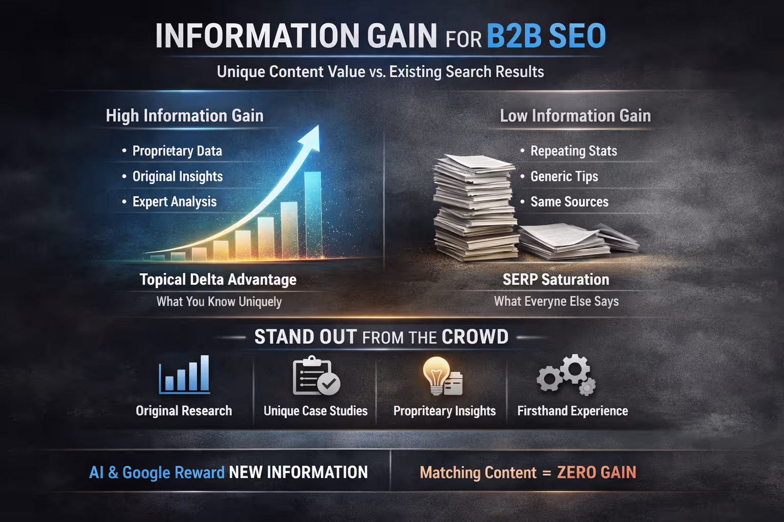 Information gain SEO strategy showing unique content value versus existing search results for B2B rankings