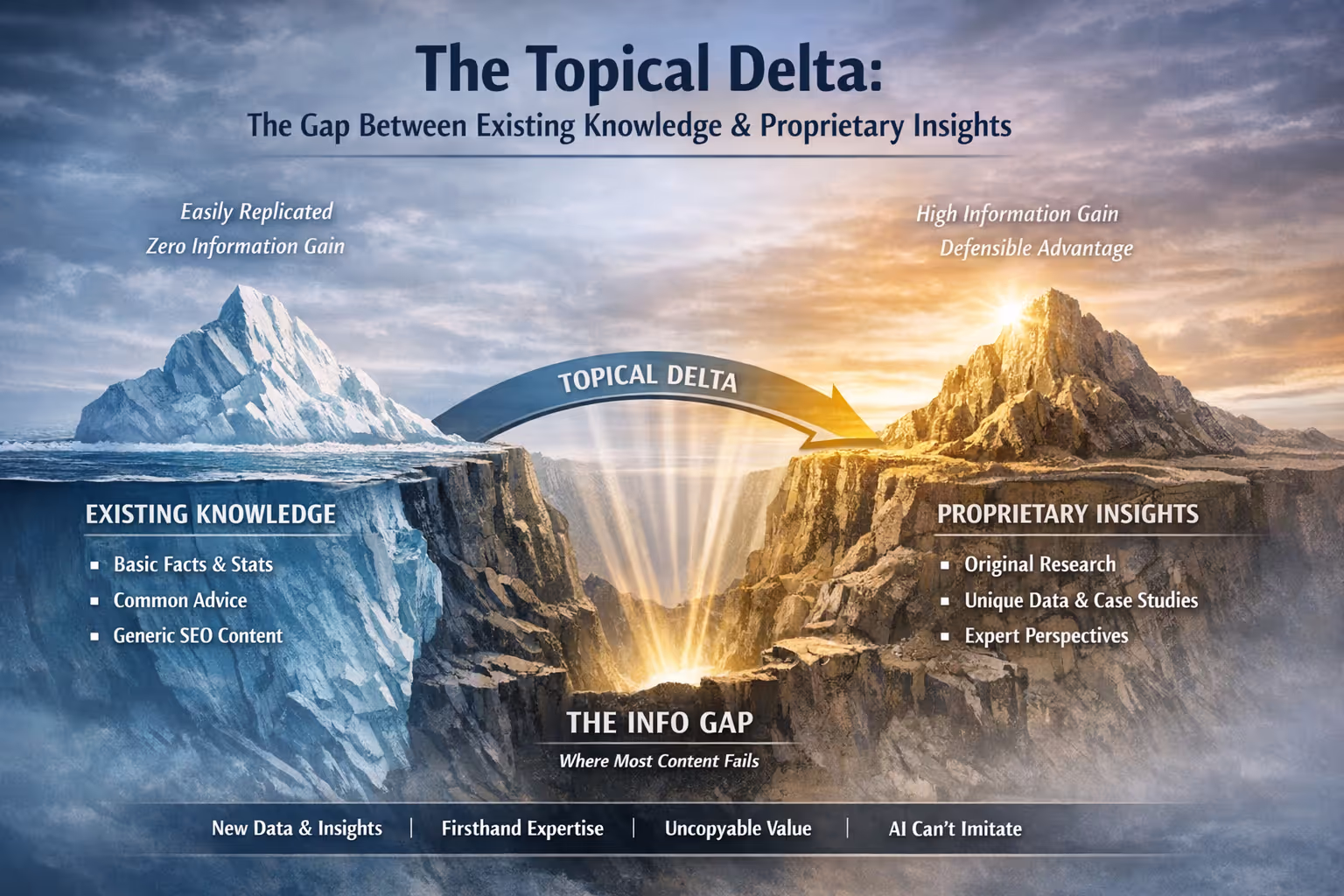 Topical Delta framework illustrating gap between existing knowledge and proprietary insights