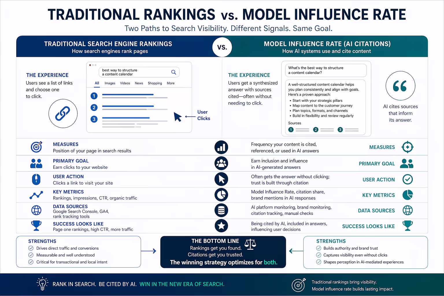 Diagram comparing model influence rate AI citations with traditional search engine rankings