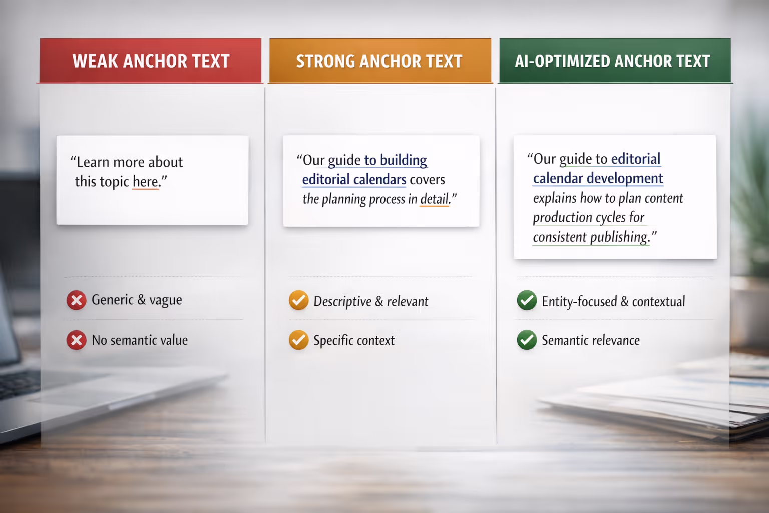 Anchor Text Optimization Examples for Internal Linking Strategies Comparison of weak, strong, and AI-optimized anchor text examples for internal linking