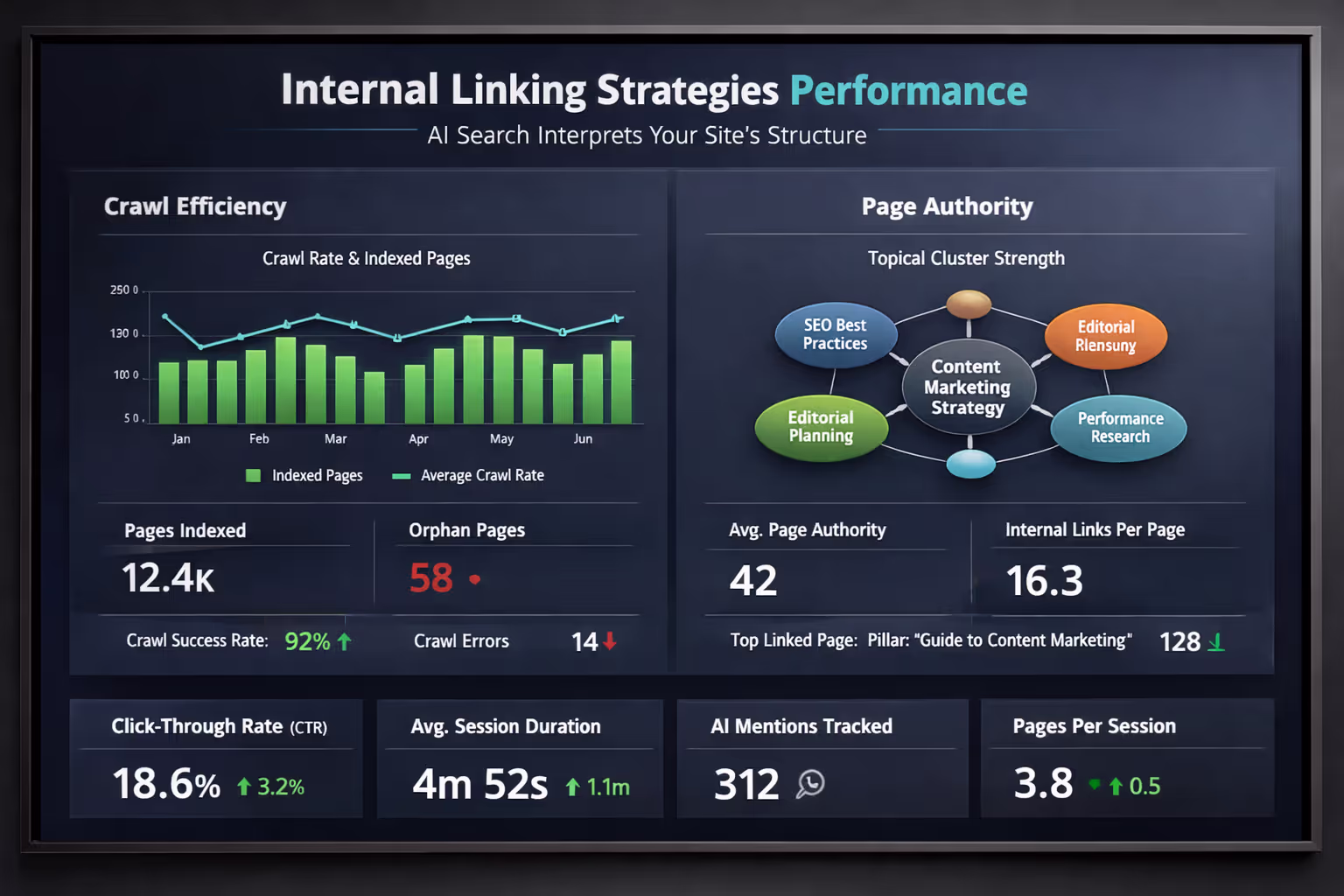 Internal Linking Performance Metrics Dashboard Internal linking strategies performance dashboard showing crawl efficiency and page authority