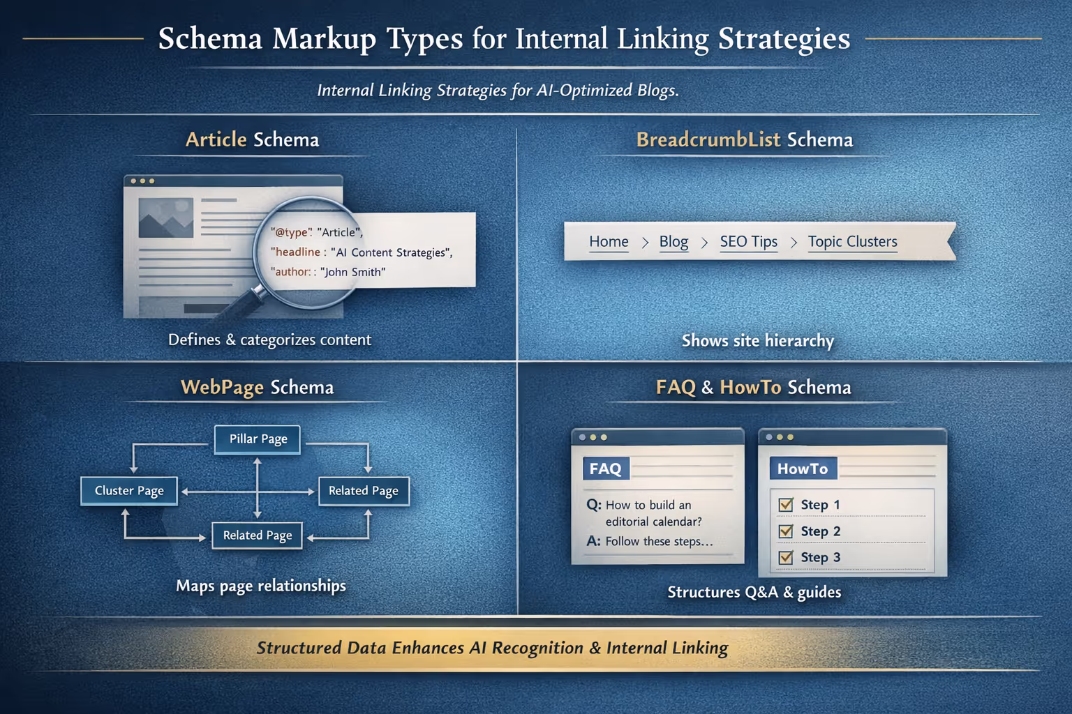 Schema Markup Integration with Internal Linking Strategies Schema markup types for internal linking strategies including Article and BreadcrumbList