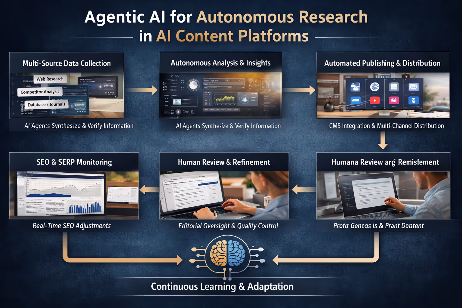 Workflow diagram showing how AI content platforms use agentic AI for autonomous research