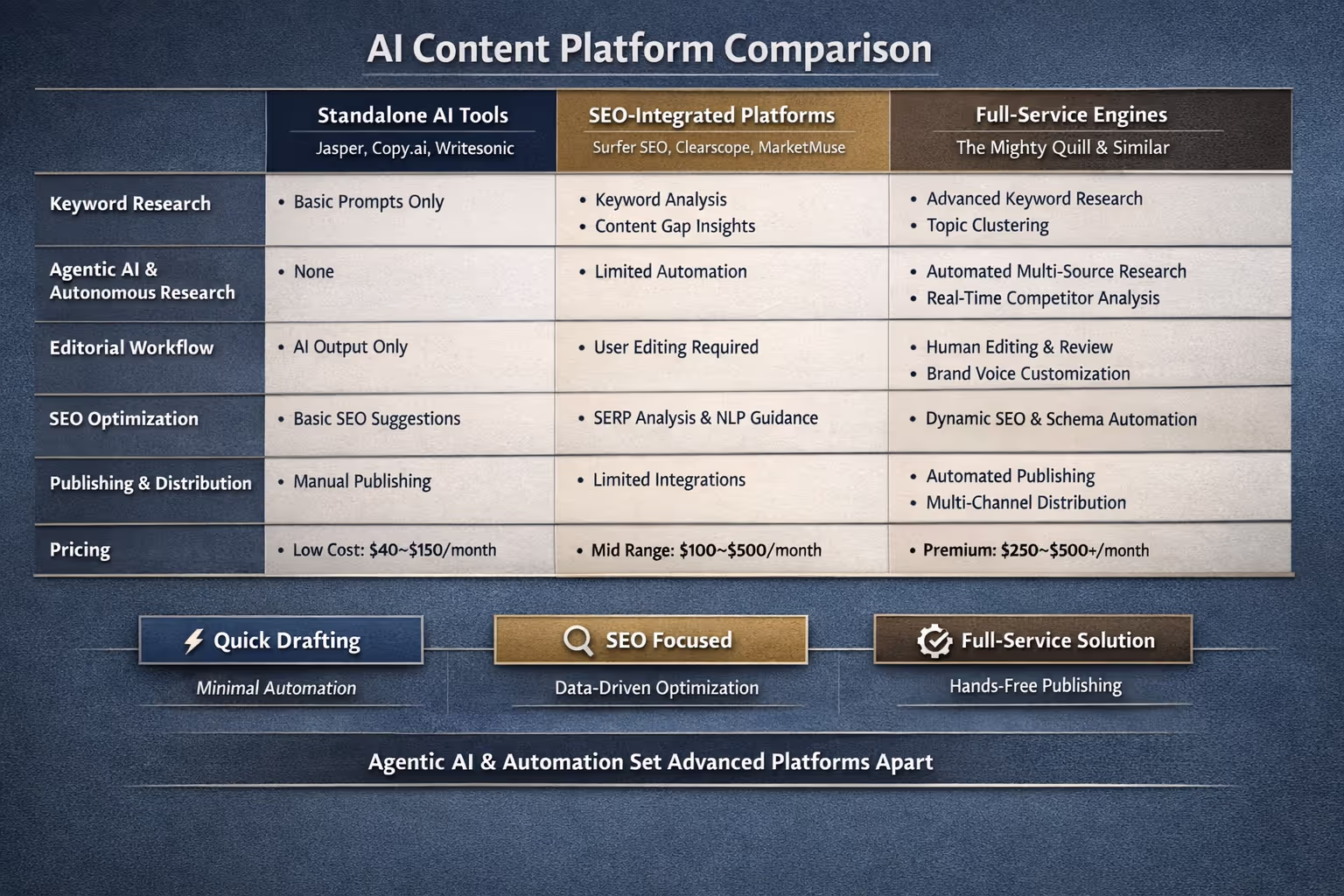Detailed comparison chart showing AI content platforms features including agentic AI and pricing