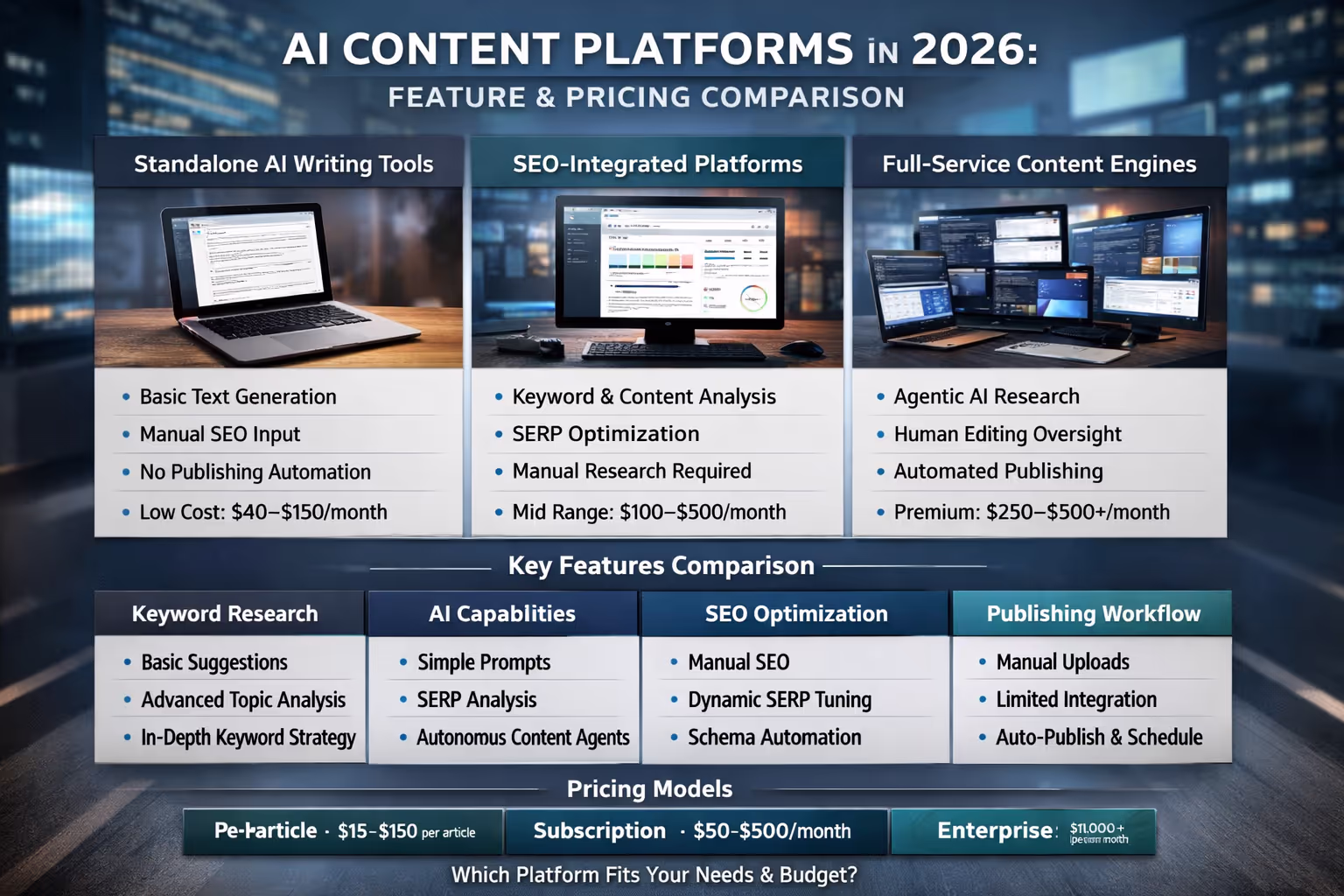 AI content platforms comparison showing advanced features and pricing models for 2026