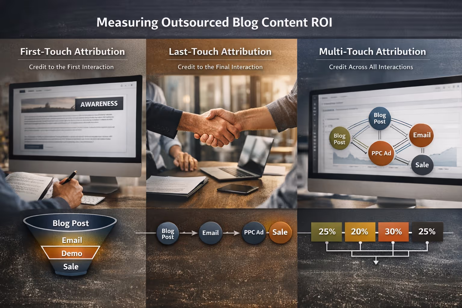 Content Attribution Models for Calculating Outsourced Blog Content ROI Visual comparison of first-touch, last-touch, and multi-touch attribution models for measuring outsourced blog content ROI