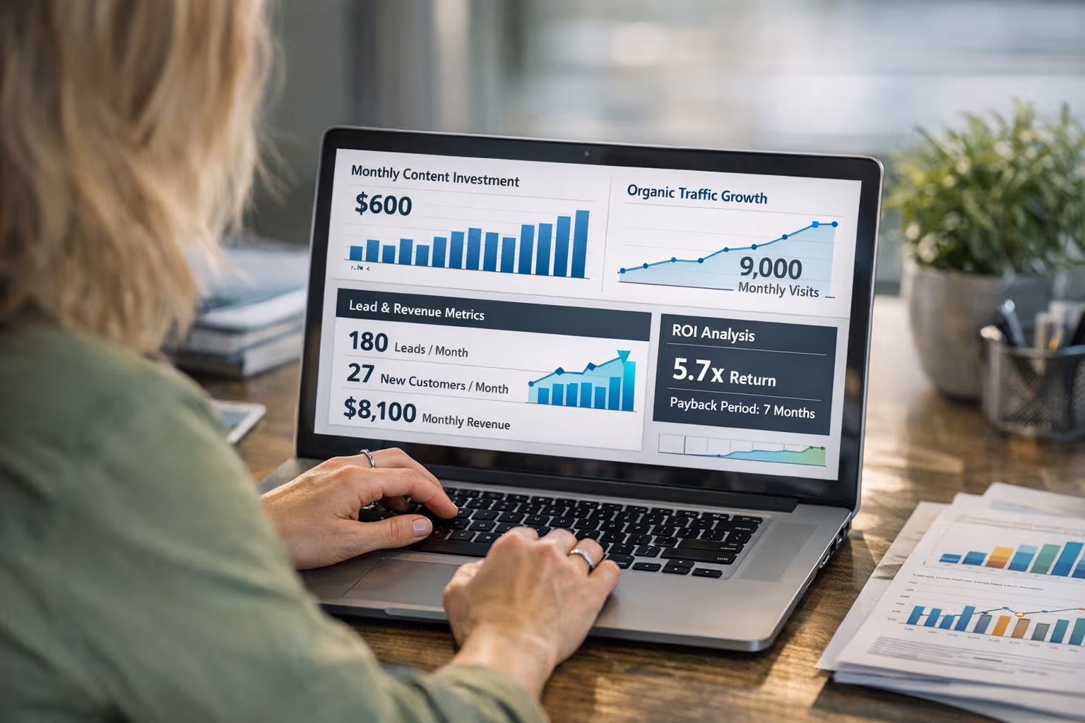 Marketing leader analyzing outsourced blog content ROI metrics on a laptop with graphs and charts
