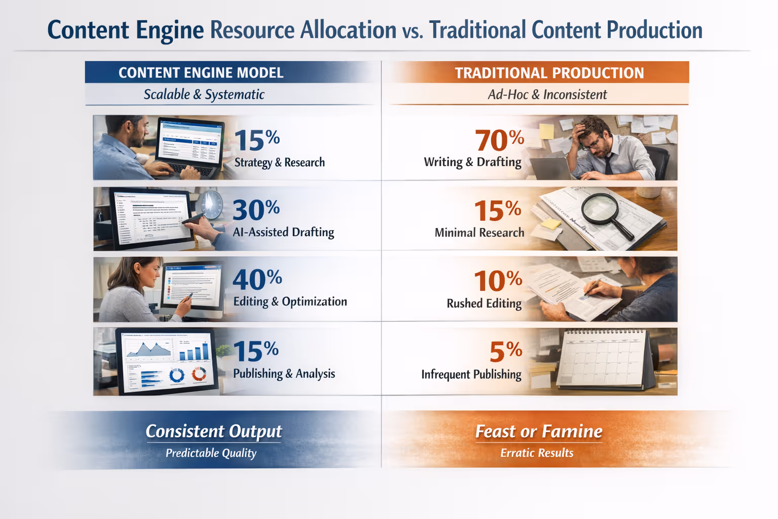 AI Content Engine vs Traditional Human Resource Allocation Comparison chart showing content engine resource allocation versus traditional content production