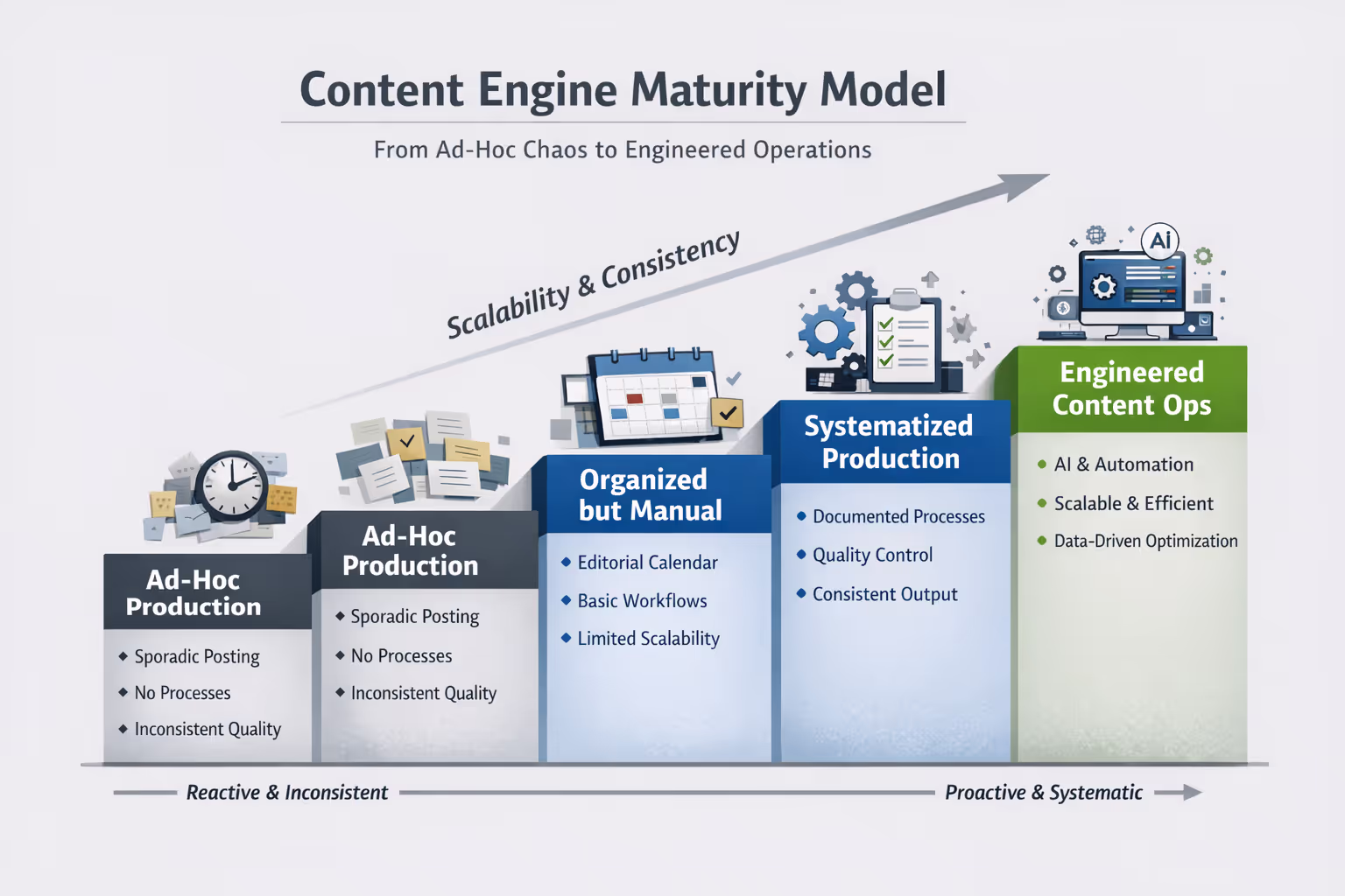 Content Engine Maturity Model Showing Four Production Stages Content engine maturity model diagram illustrating progression from ad-hoc to engineered content operations