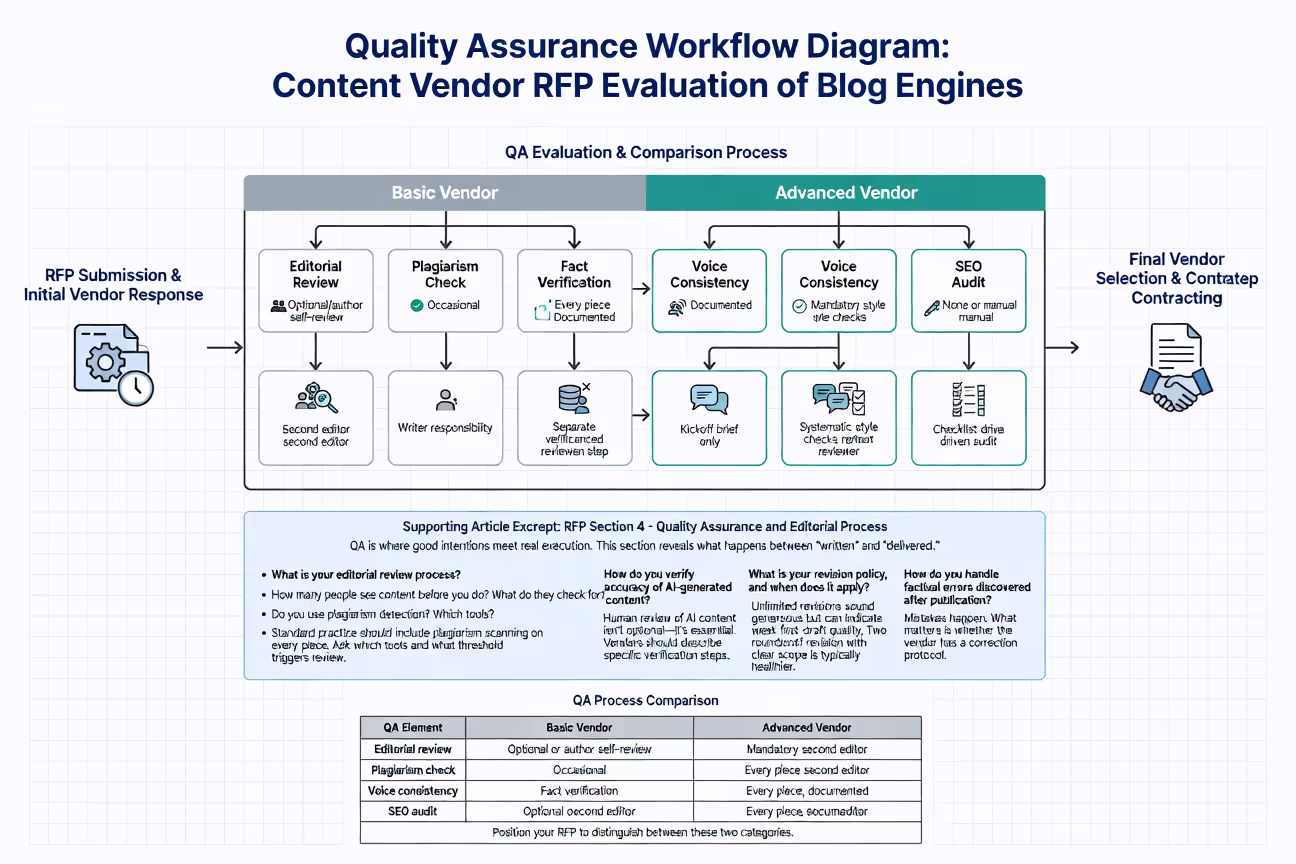 Quality assurance workflow diagram for content vendor RFP evaluation of blog engines