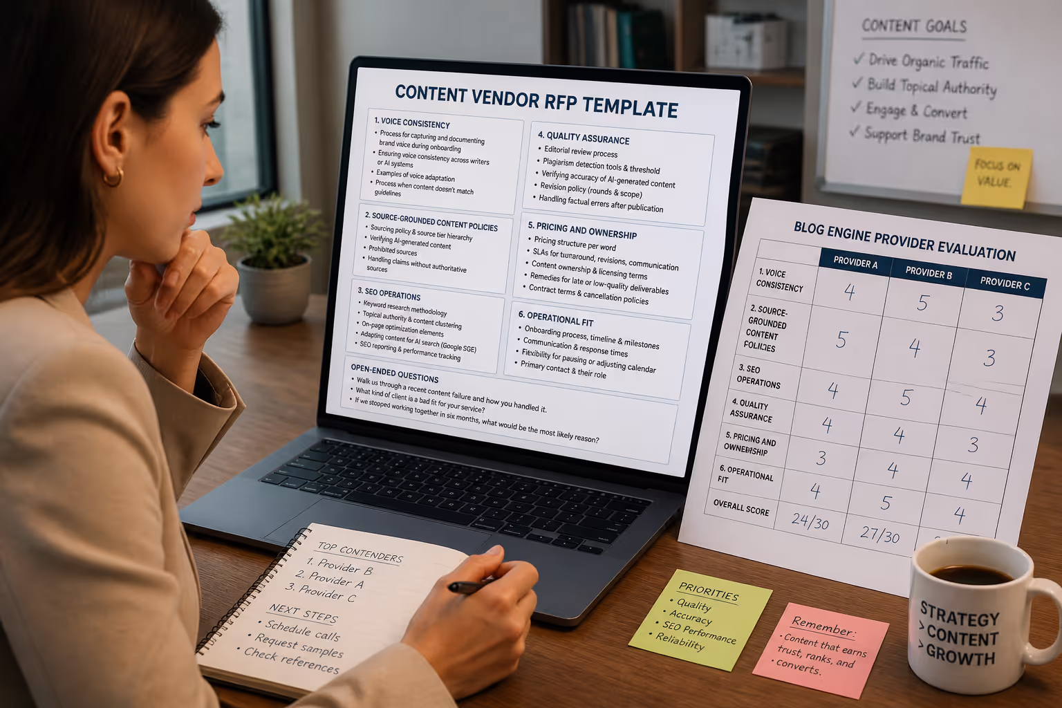 Marketing professional using content vendor RFP template to evaluate blog engine providers