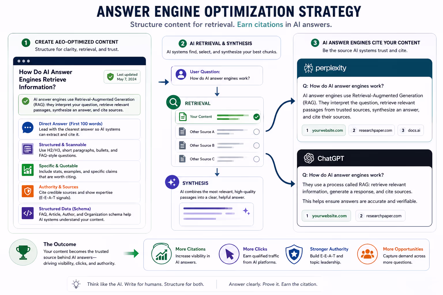 Answer engine optimization strategy showing AI systems citing structured content from Perplexity and ChatGPT