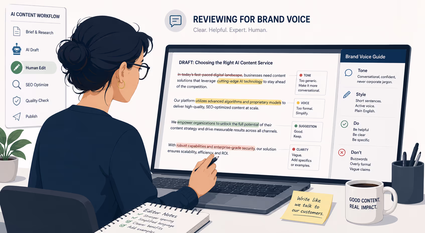 Editor reviewing copy for brand voice in an AI content service workflow