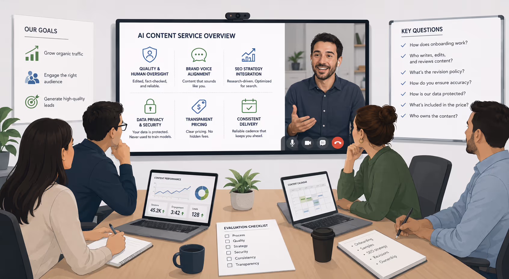 Business team reviewing an AI content service during a vendor call
