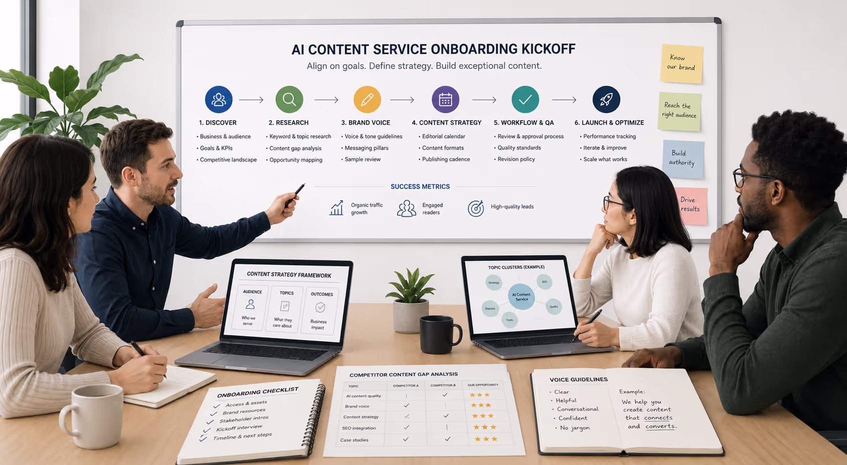  Team planning an AI content service onboarding kickoff and strategy session
