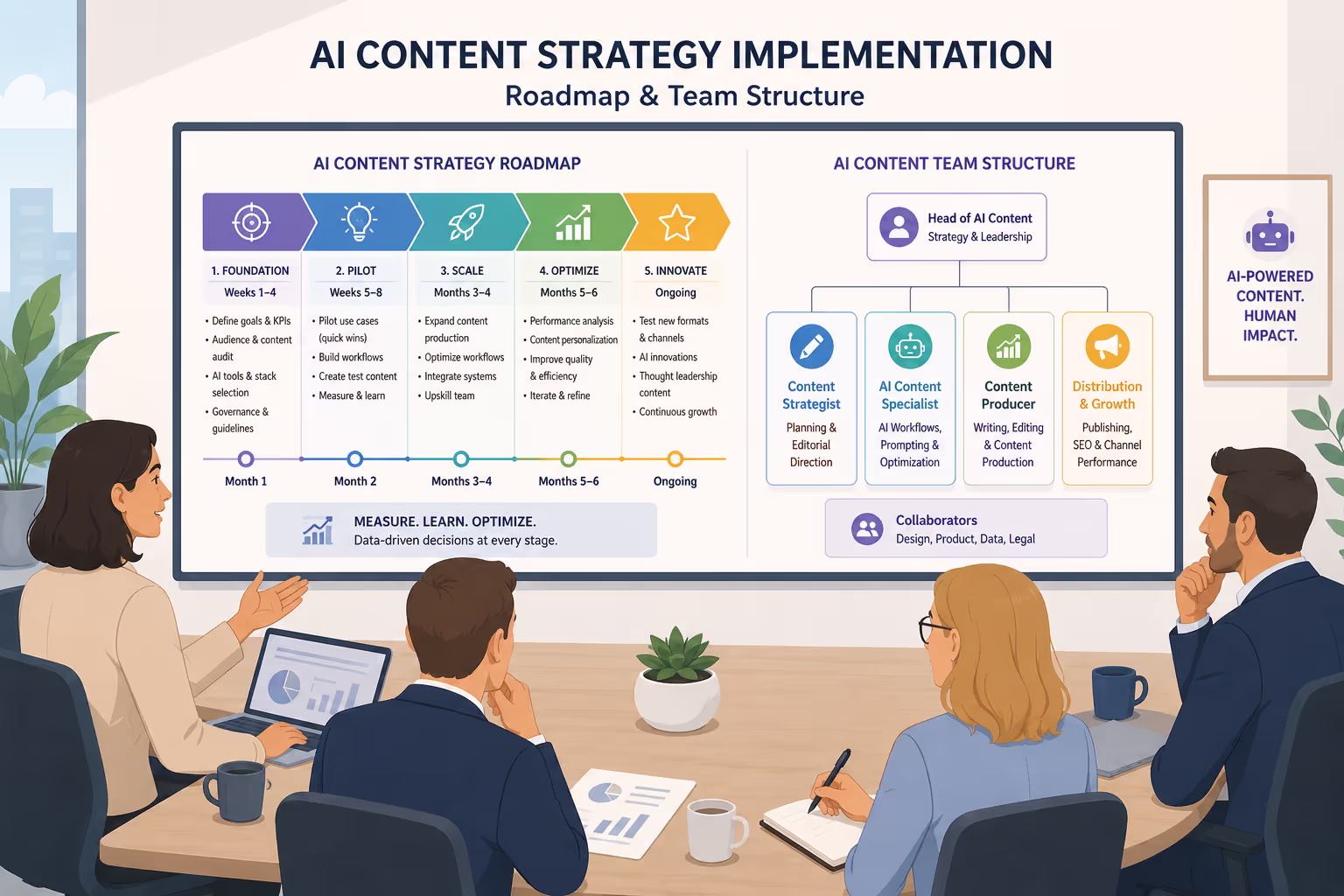 Marketing executives reviewing AI content strategy implementation roadmap and team structure