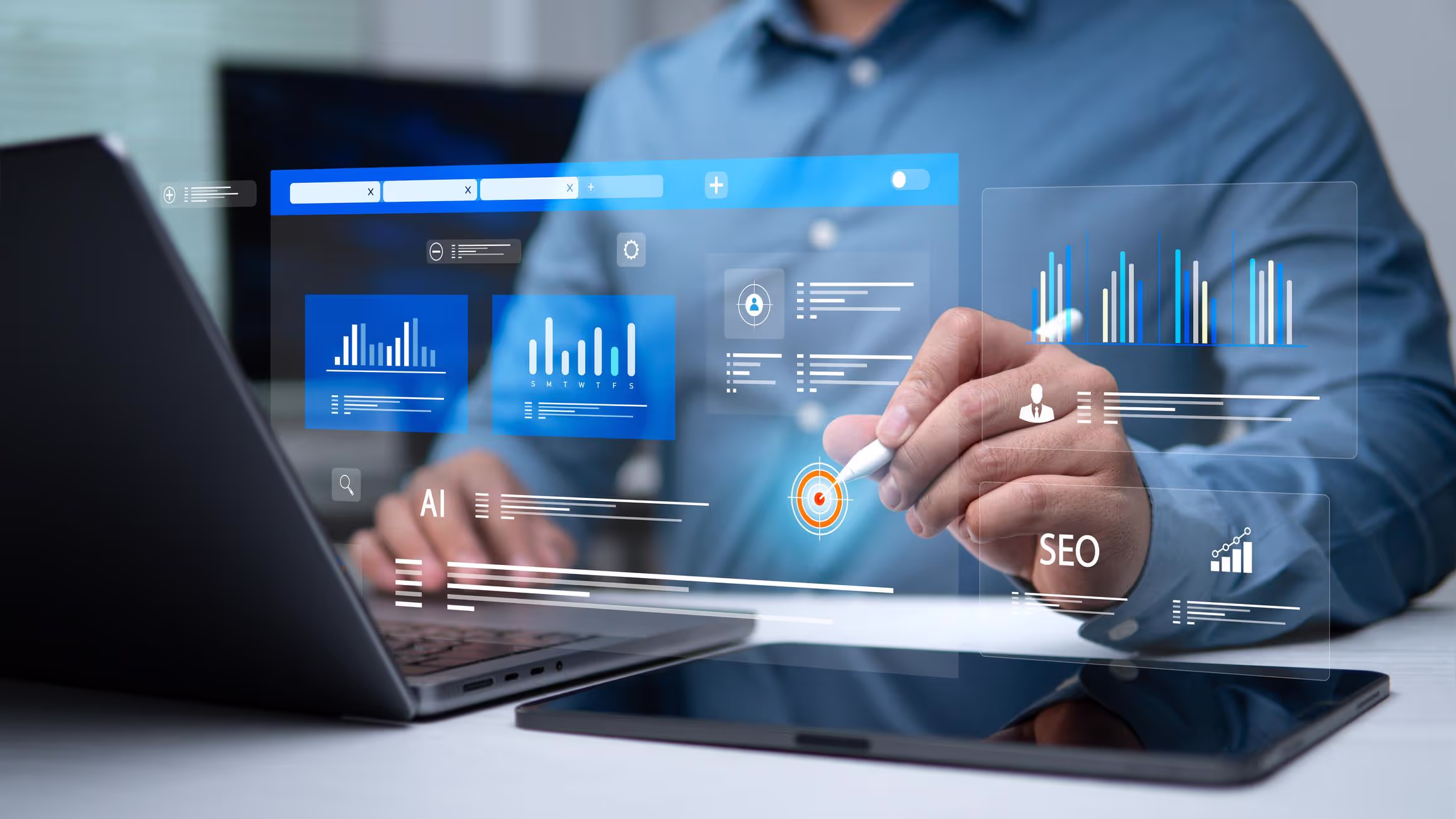 B2B marketing leader reviewing AI content strategy framework on digital dashboard with quality metrics