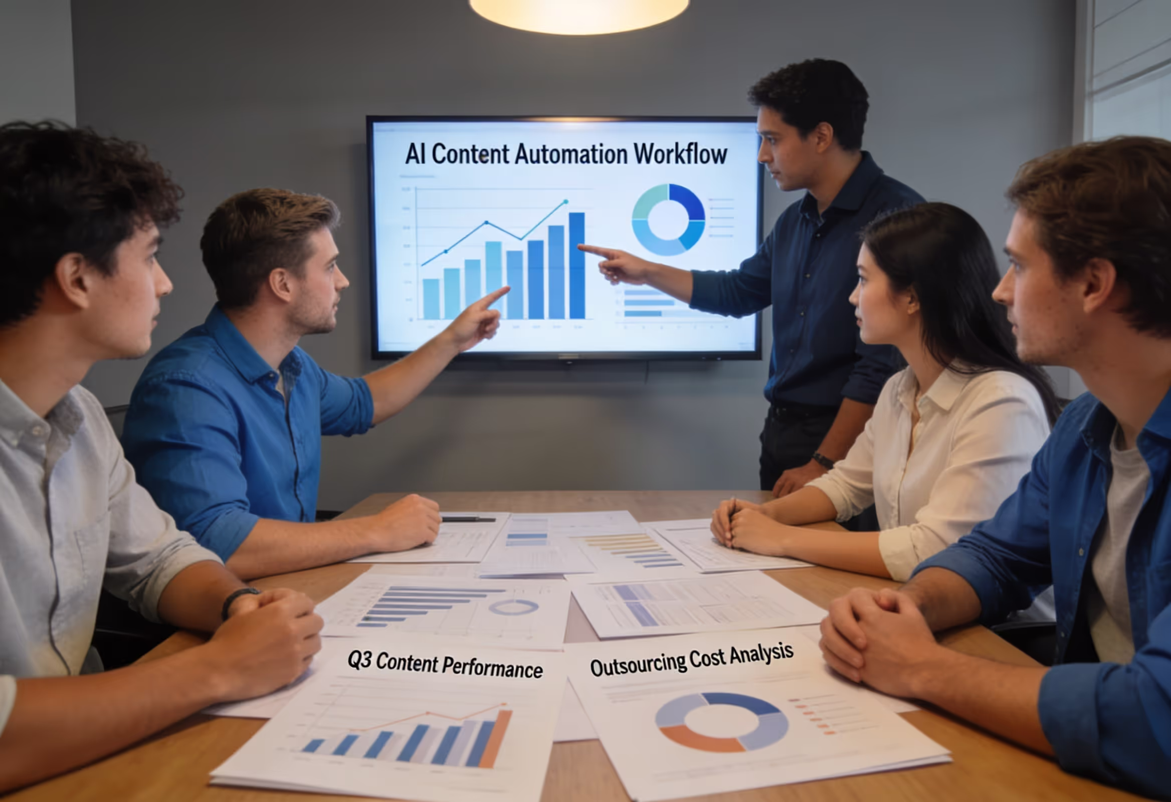 Marketing agency team analyzing performance metrics from outsourcing AI content automation partnership