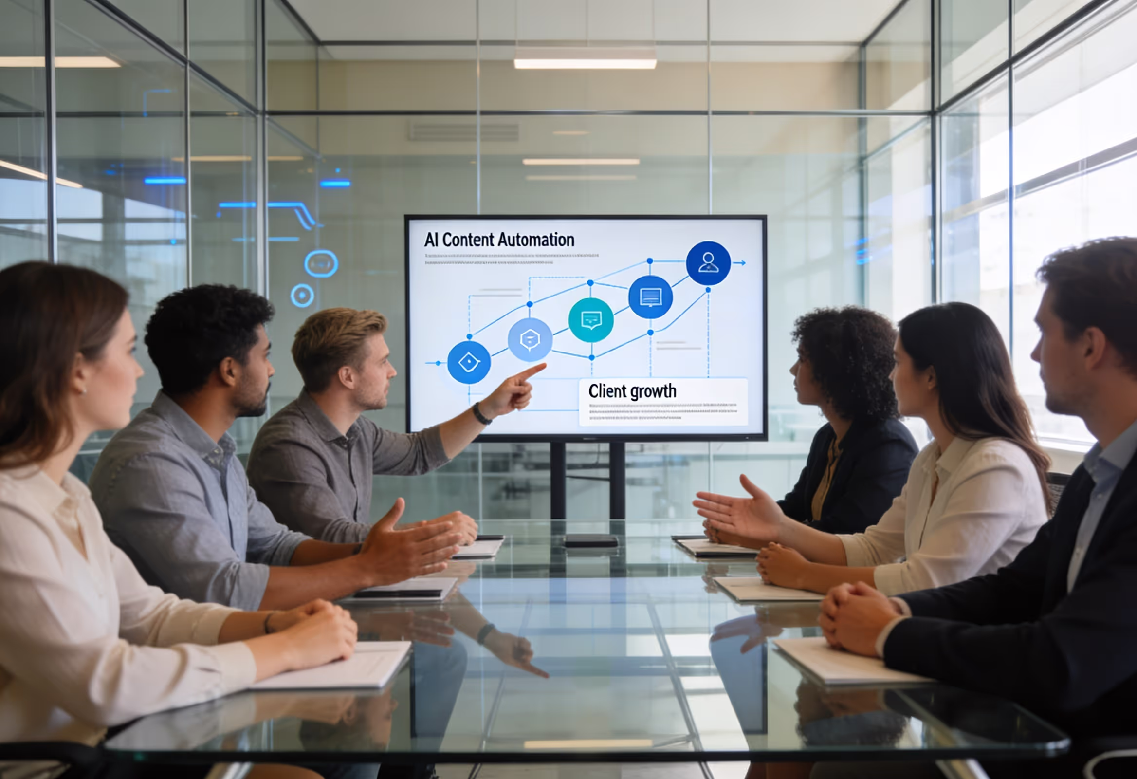 Marketing agency team discussing outsourcing AI content automation strategy for client growth