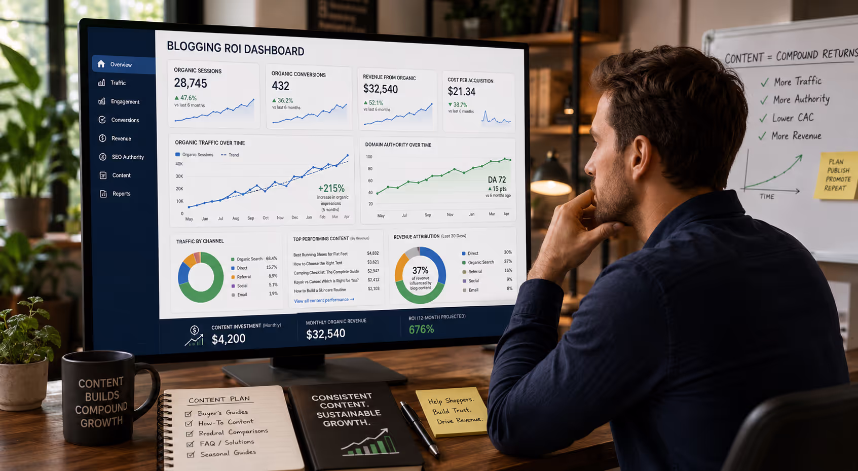 Business owner analyzing ROI of consistent blogging for e-commerce metrics on computer dashboard