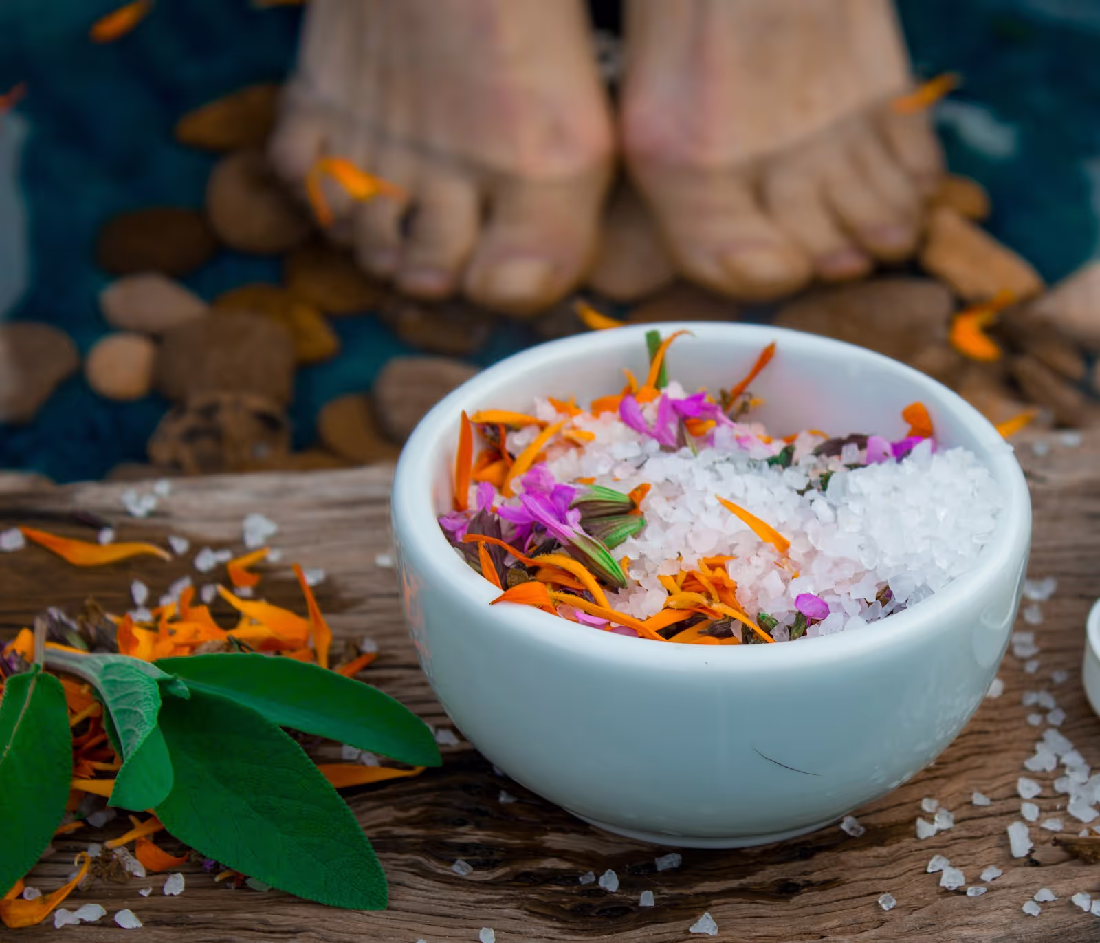 Luxurious foot spa with rose petals and essential oils