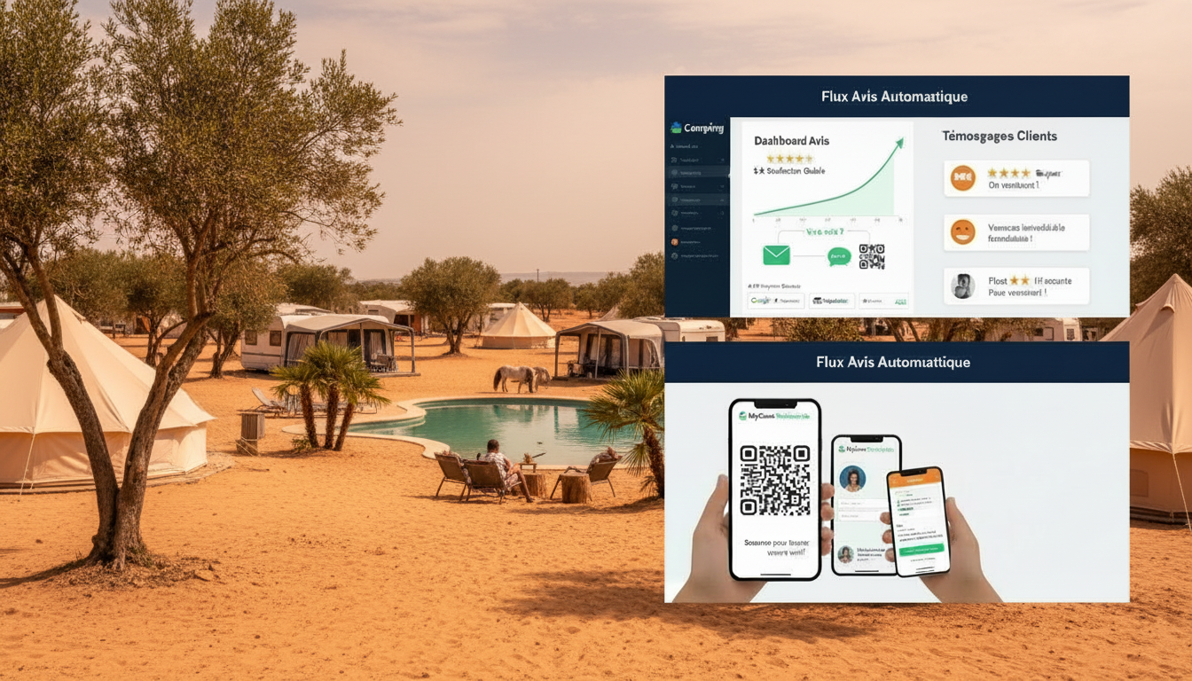 A composite image featuring a serene desert camping site with tents, caravans, a swimming pool, and people relaxing, overlaid by two blue panels. The top panel displays a digital dashboard for 'Automatic Review Flow' with a graph showing increasing reviews, customer testimonials, and icons for review platforms. The bottom panel shows hands holding smartphones, one displaying a large QR code and others showing mobile app interfaces for review management.